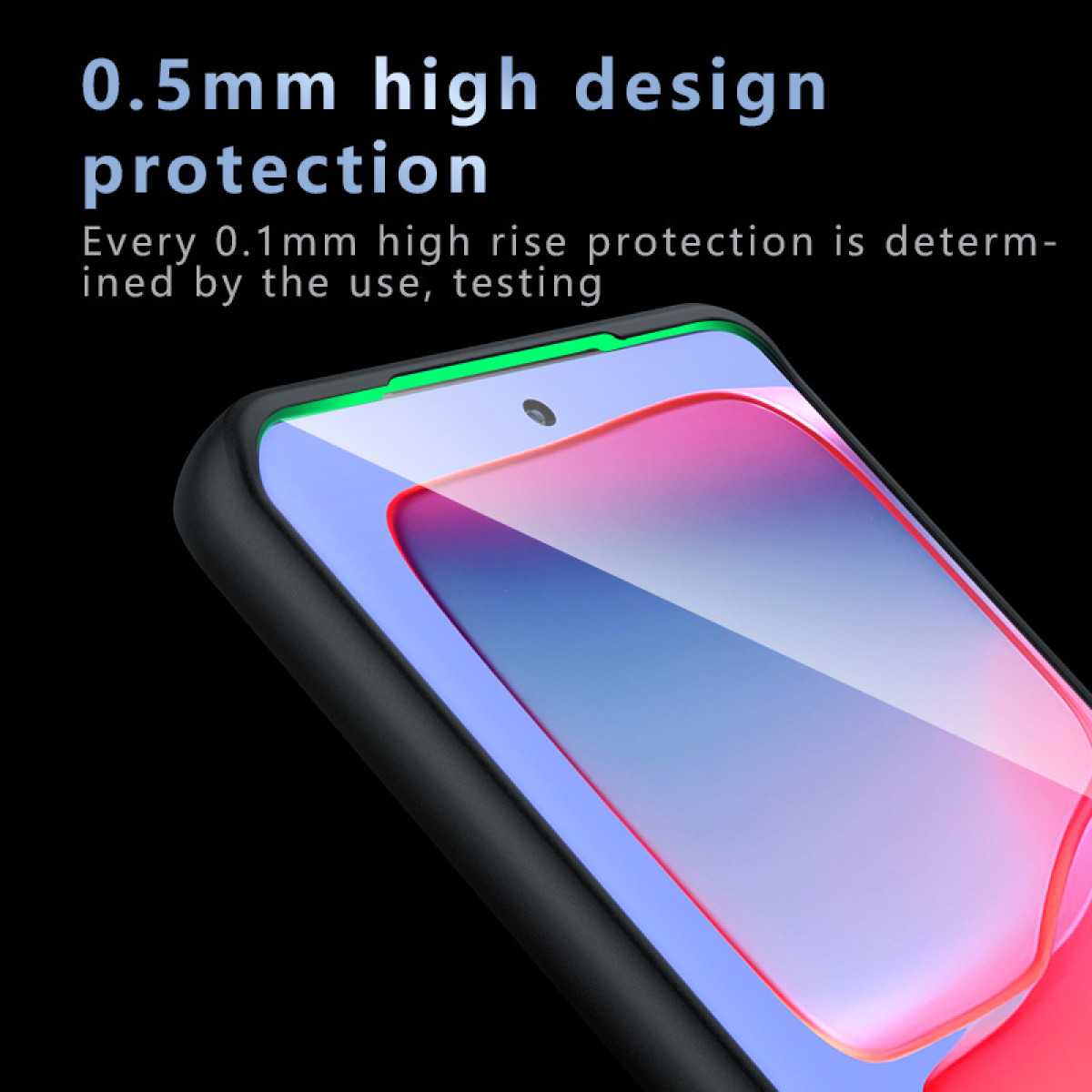 Primo piano di protezione schermo. Testo: protezione 0,5mm. Dettagli neri e rossi.