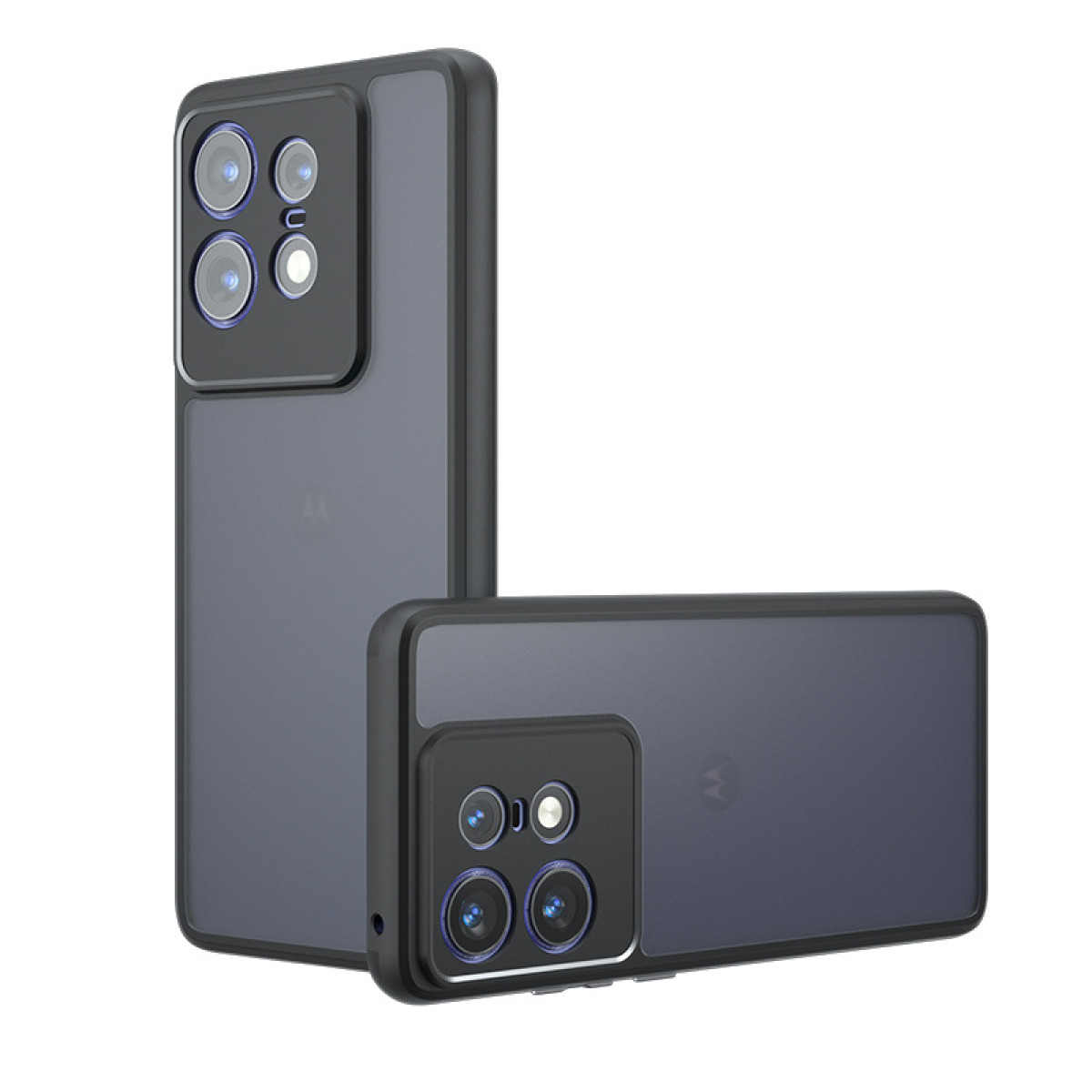 Due custodie per telefono grigio scuro, una in posizione verticale, l'altra piatta. Entrambe hanno più ritagli per la fotocamera.