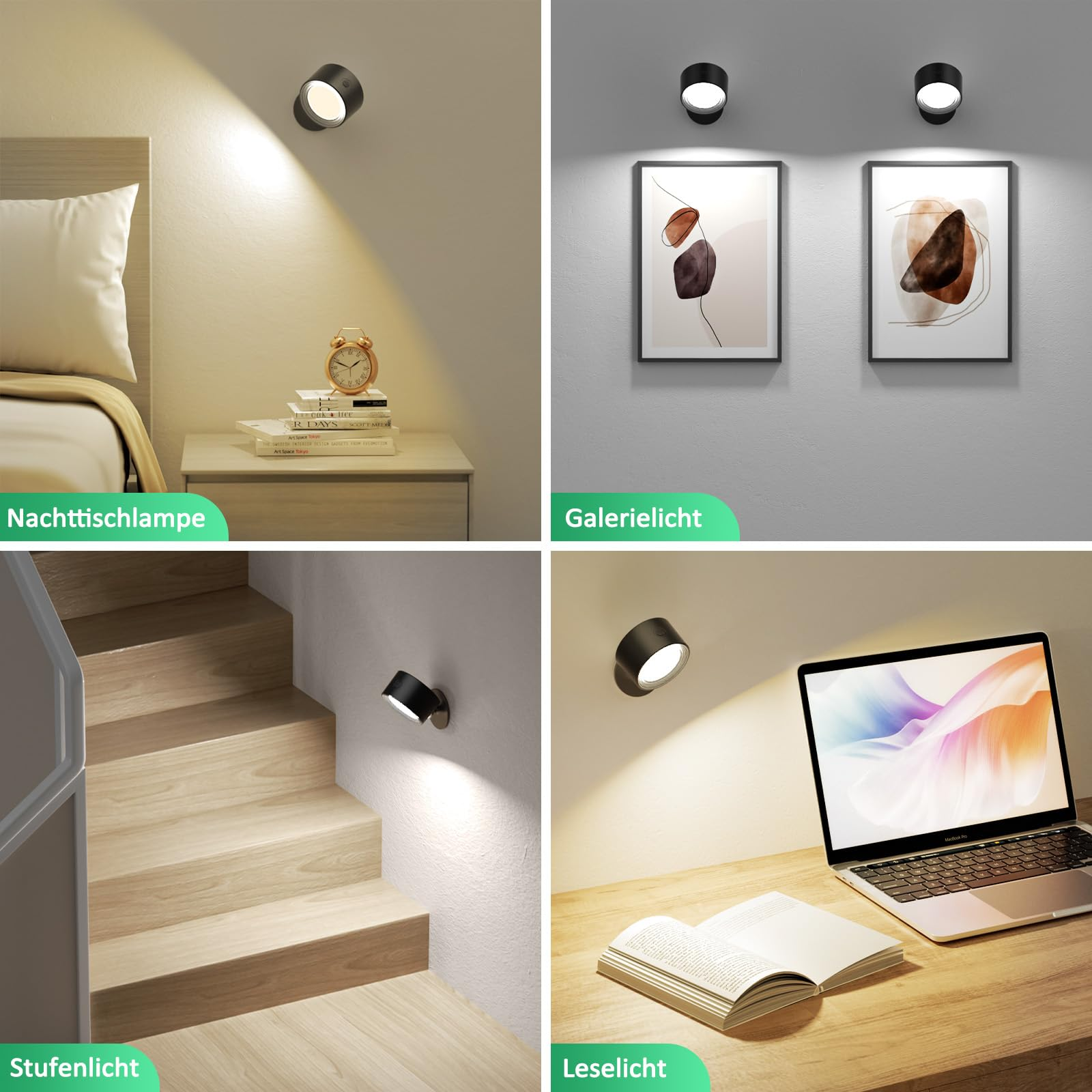 Vier Bilder von schwarzen Strahlern, jeweils in einem anderen Kontext: Schlafzimmer, Galerie, Treppe, Schreibtisch.