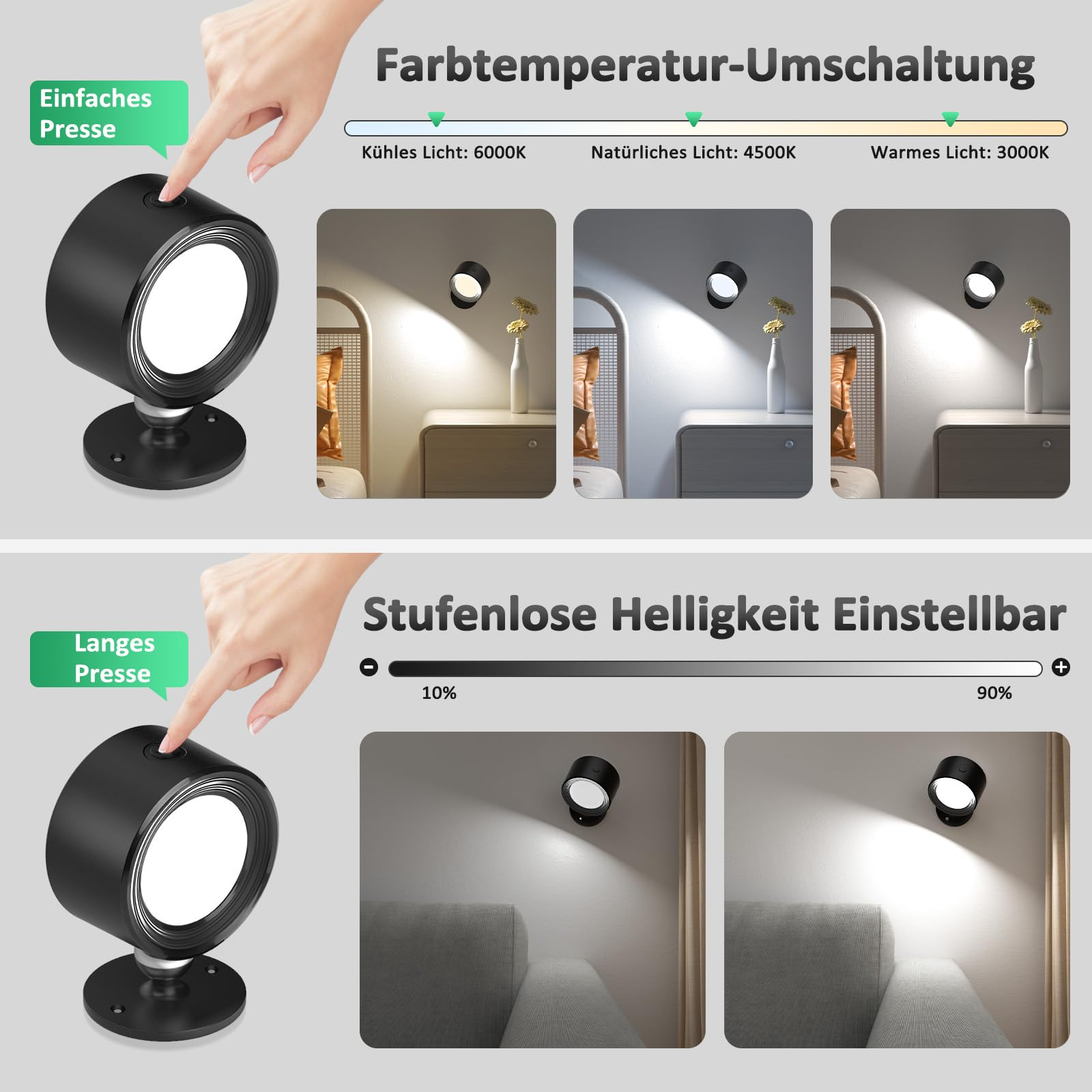 Zwei Bilder, die eine Lampe mit der Option zur Änderung der Lichteinstellungen zeigen. Die Lampe ist schwarz.