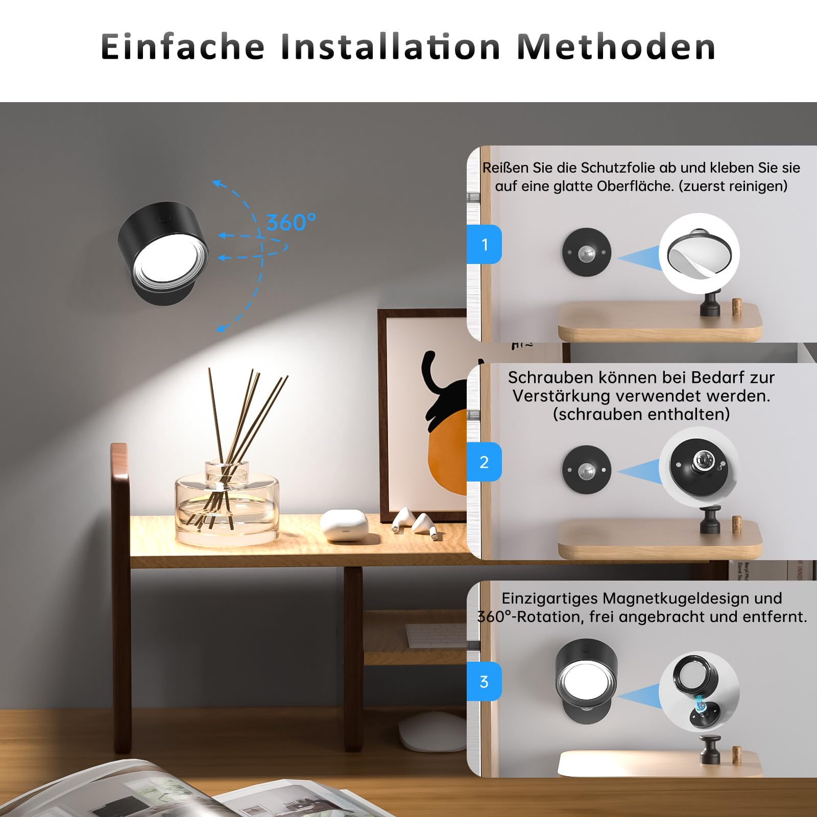 Installationsanweisungen für eine runde Wandleuchte. Schritte zur Montage und Einstellung werden angezeigt.