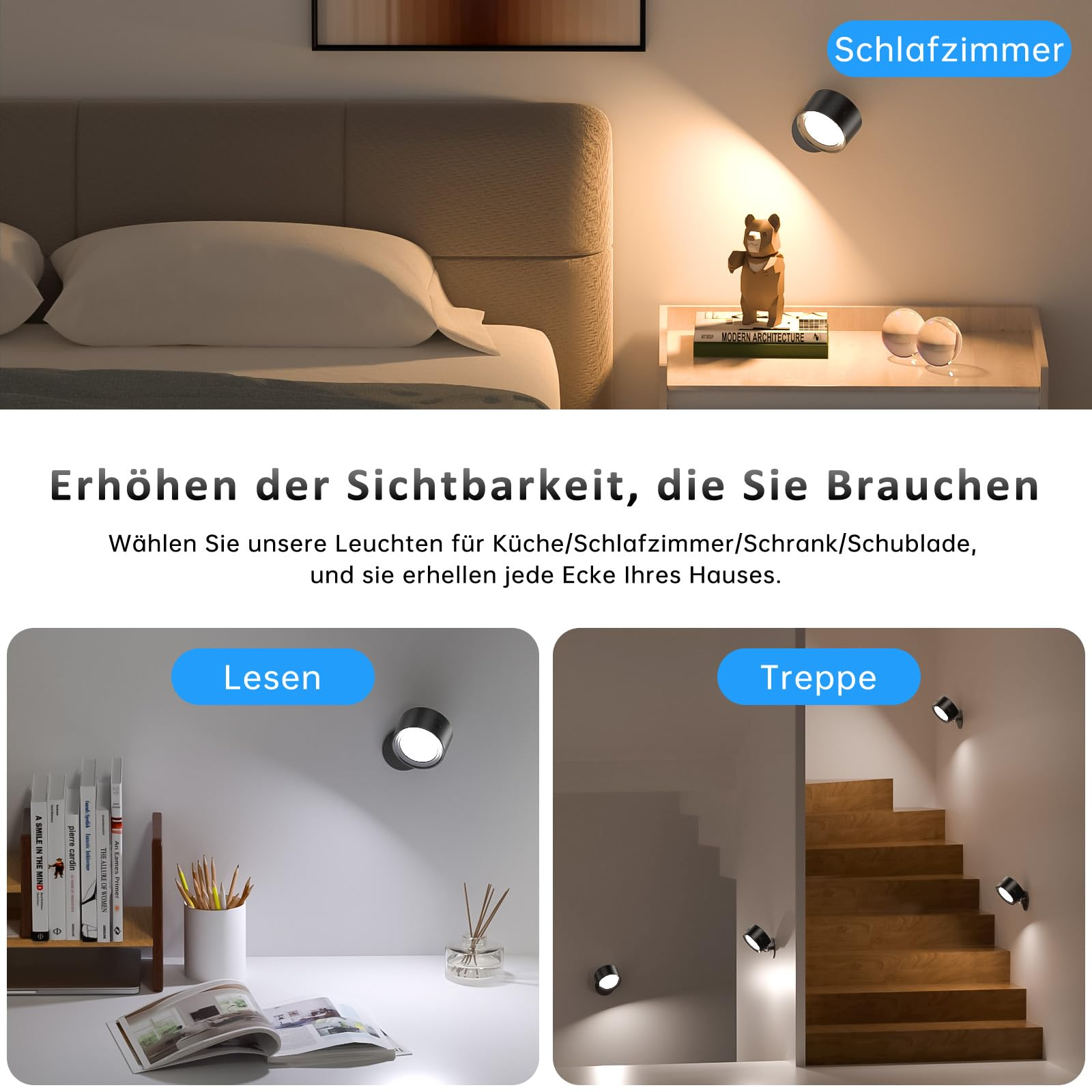 Wandleuchten in einem Schlafzimmer und auf einer Treppe, mit Text.