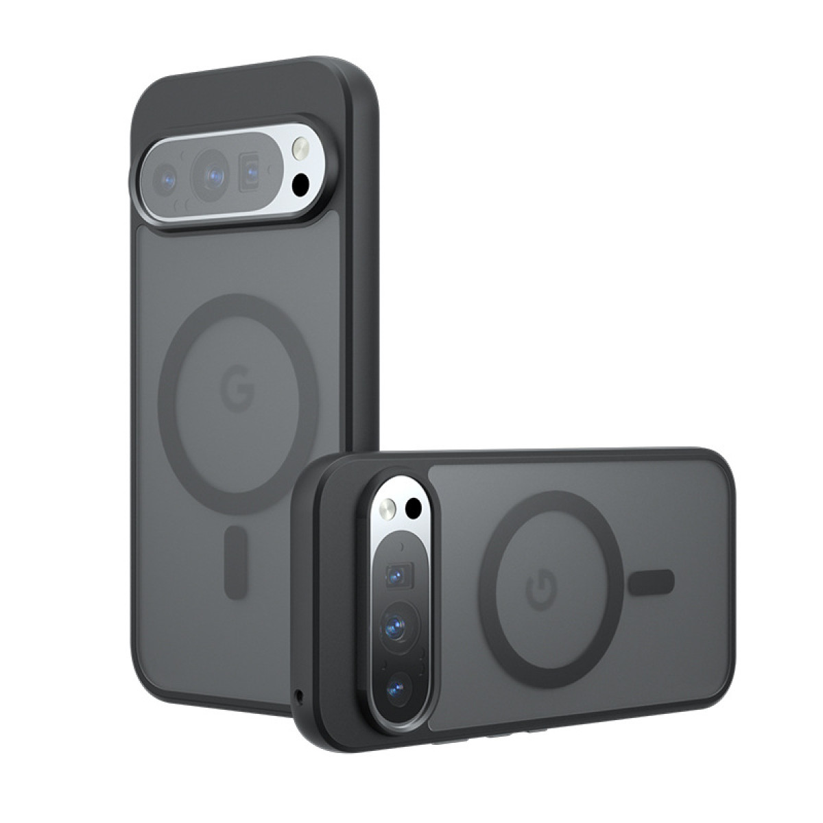 Due custodie per telefono nere, una sul retro e un'altra in piedi. Entrambe hanno un cerchio e un ritaglio per la fotocamera.