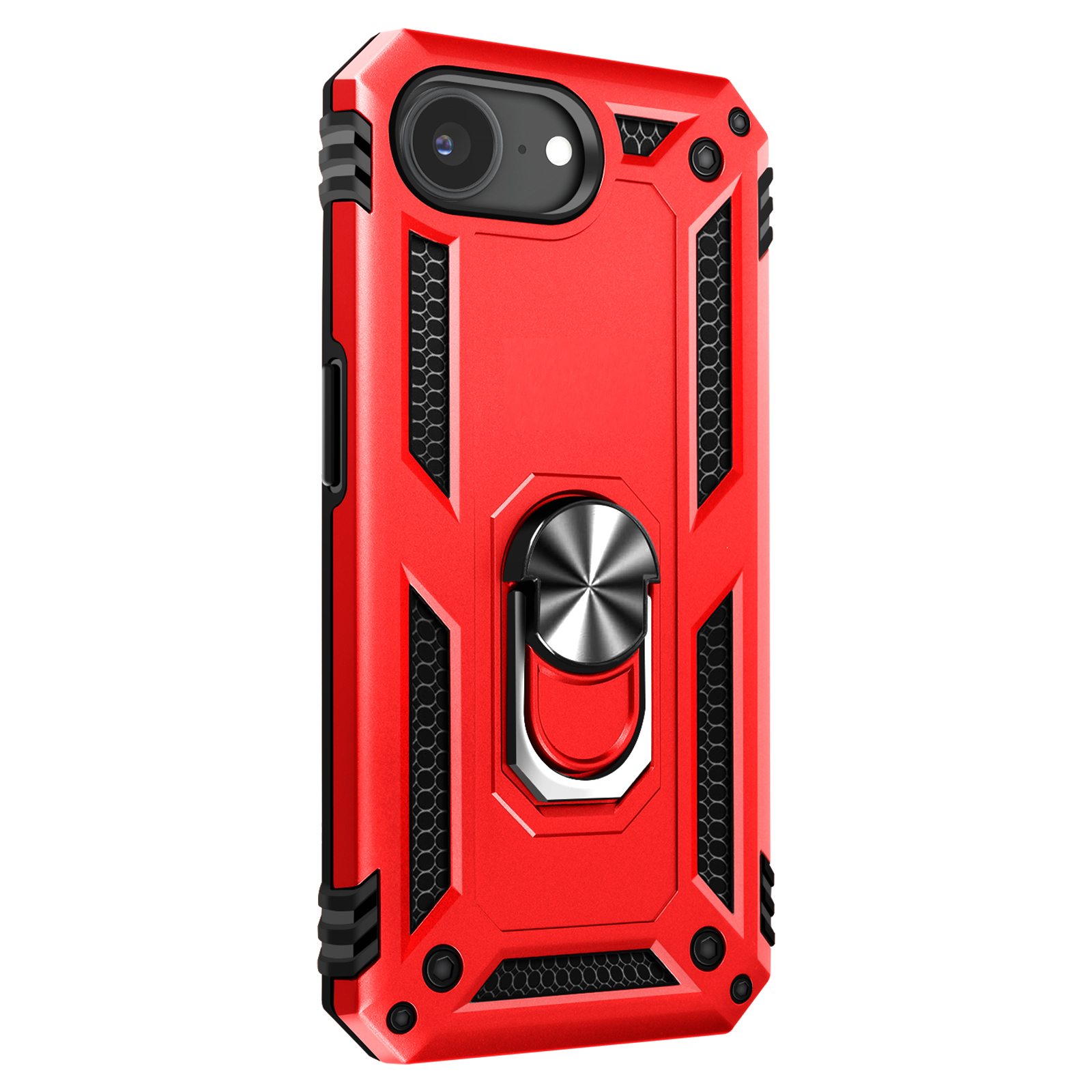 Coque de téléphone rouge avec anneau et détails noirs.