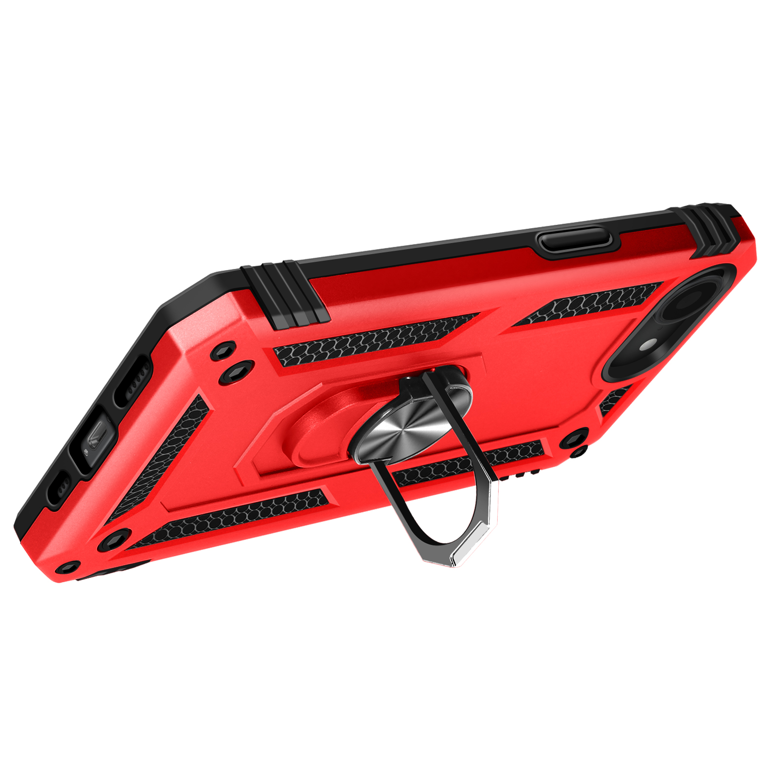 Coque de téléphone rouge avec un support de bague attaché.