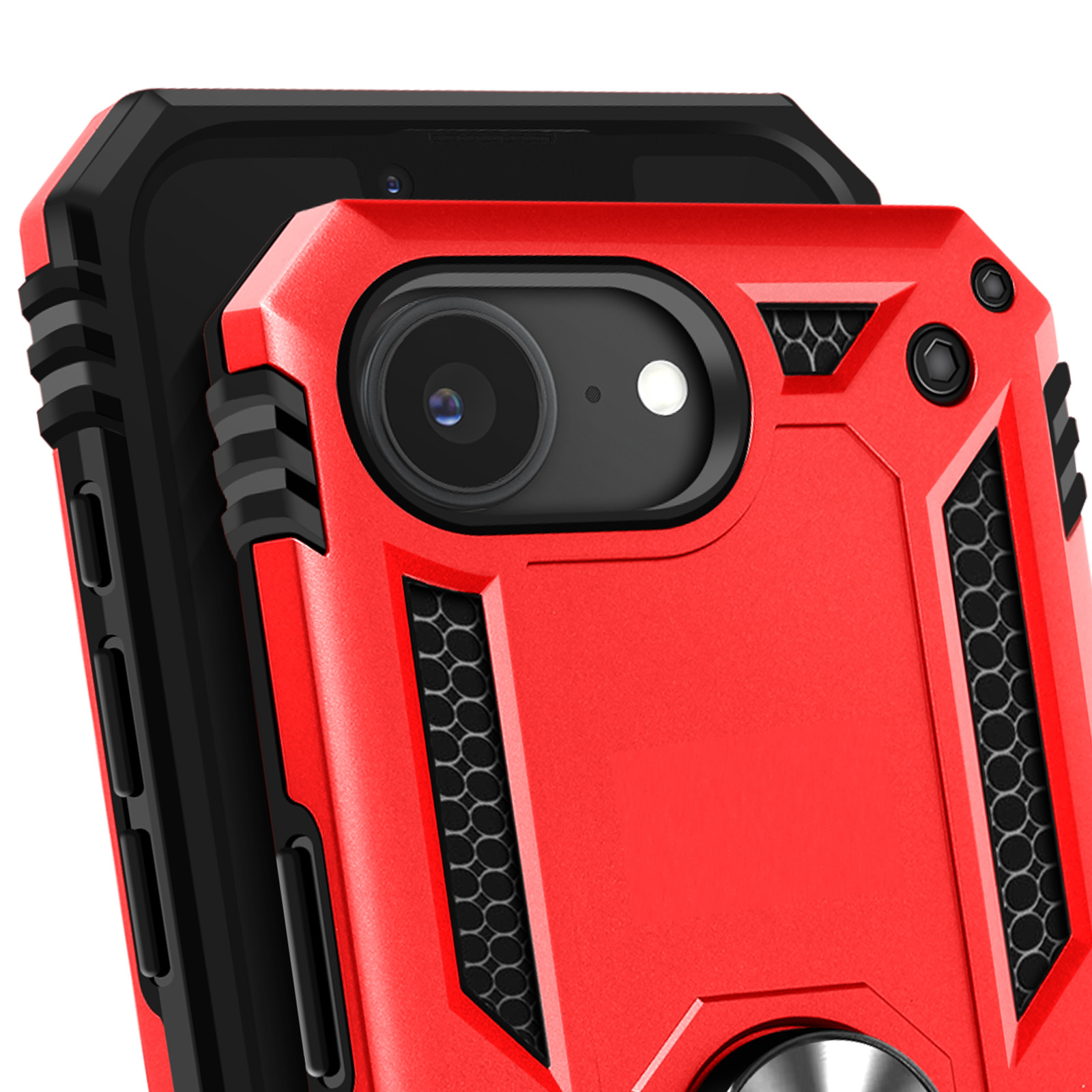 Gros plan d'une coque de téléphone rouge avec cadre noir et protection de caméra, sur un téléphone noir.