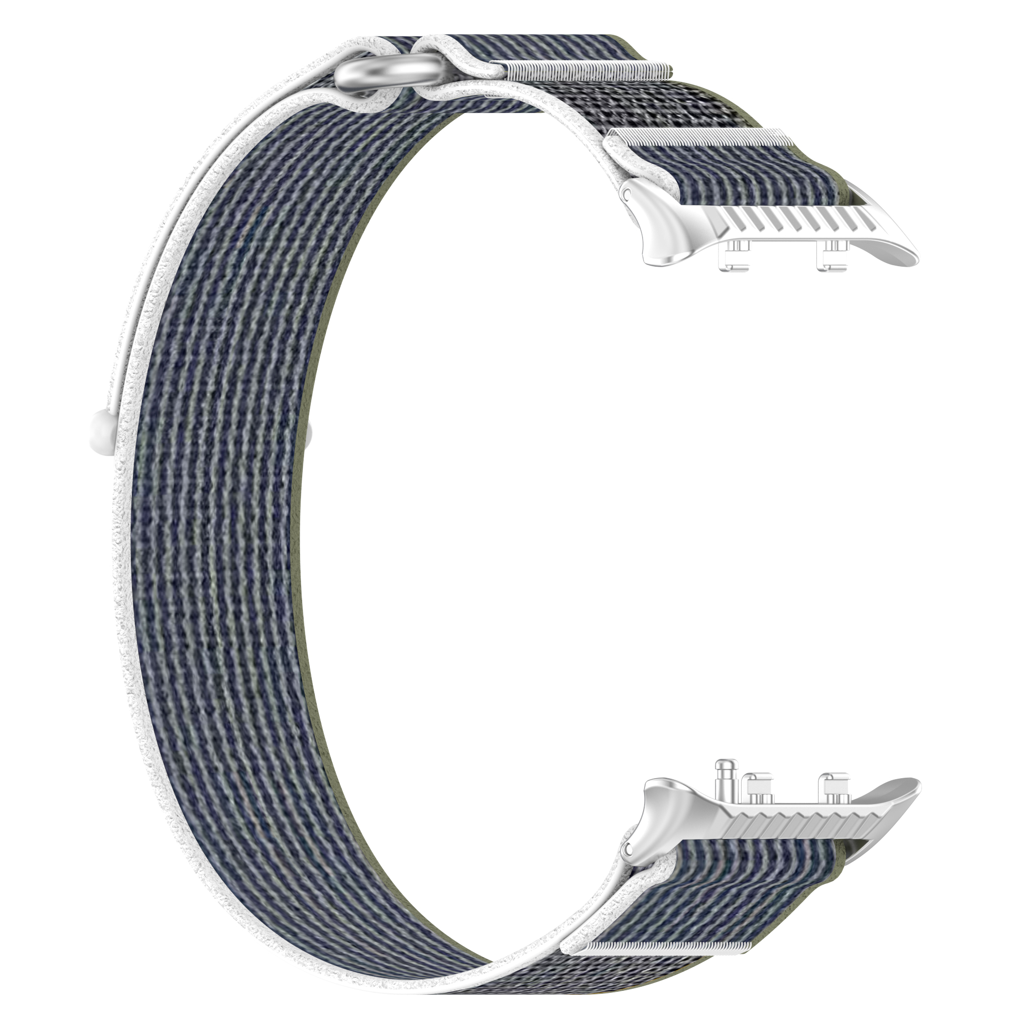 Ein Uhrenarmband, blau-weißer Stoff mit silberner Hardware. Das Armband ist gebogen und hat eine silberne Schnalle.