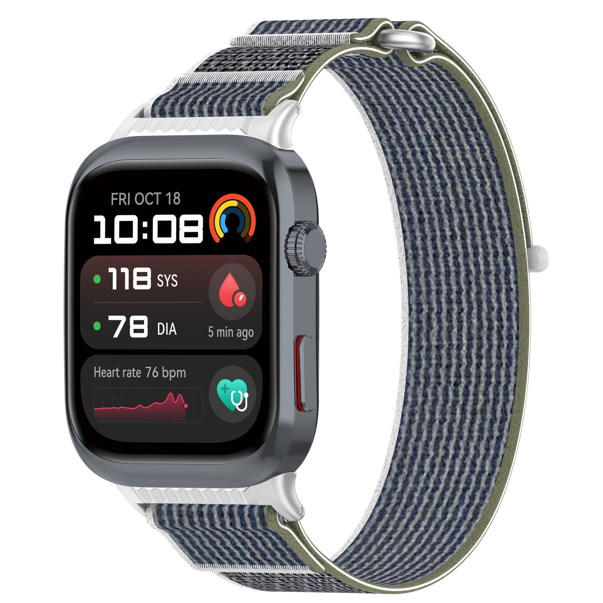 Smartwatch am Handgelenk, zeigt Zeit, Herzfrequenz und Gesundheitsdaten.