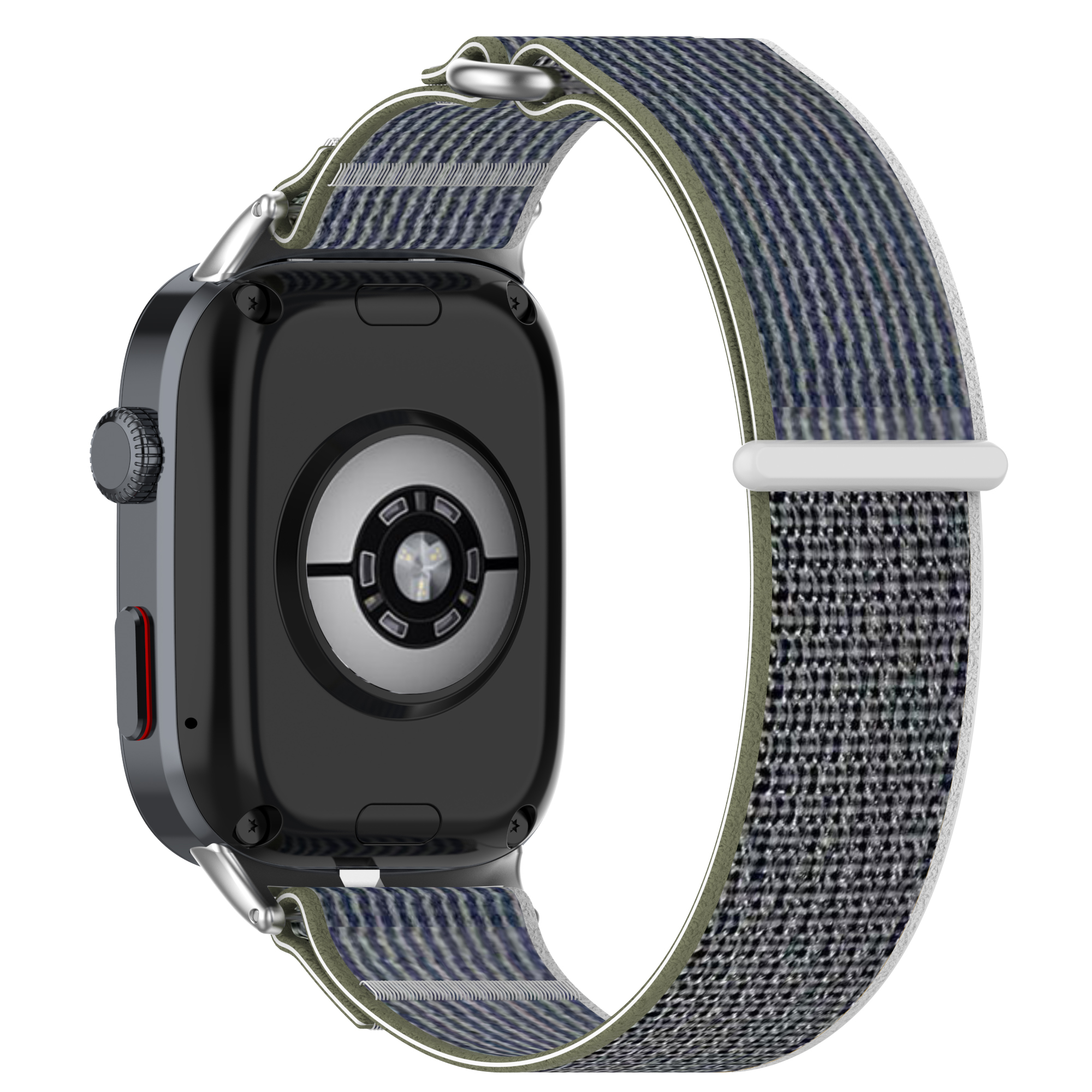 Die Rückseite einer schwarzen Smartwatch und ein gewebtes blaues Armband. Das Band hat eine silberne Schnalle.