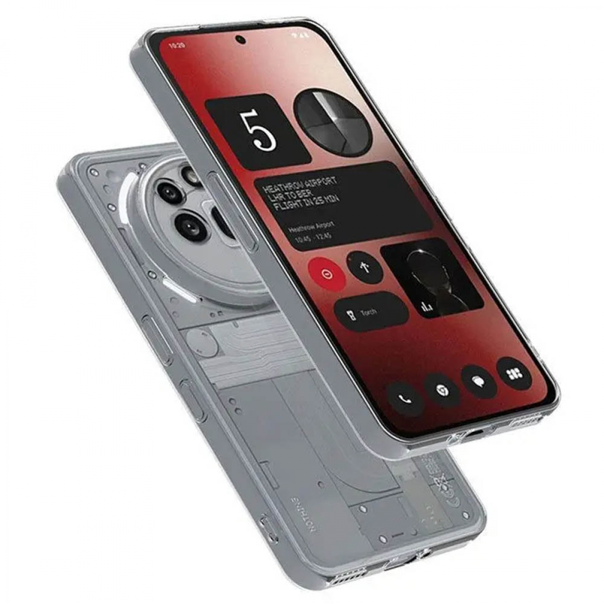 Ein hellgraues Smartphone mit durchsichtigem Rücken. Der Bildschirm zeigt ein Fluginfo-Widget und ein Kameramodul.