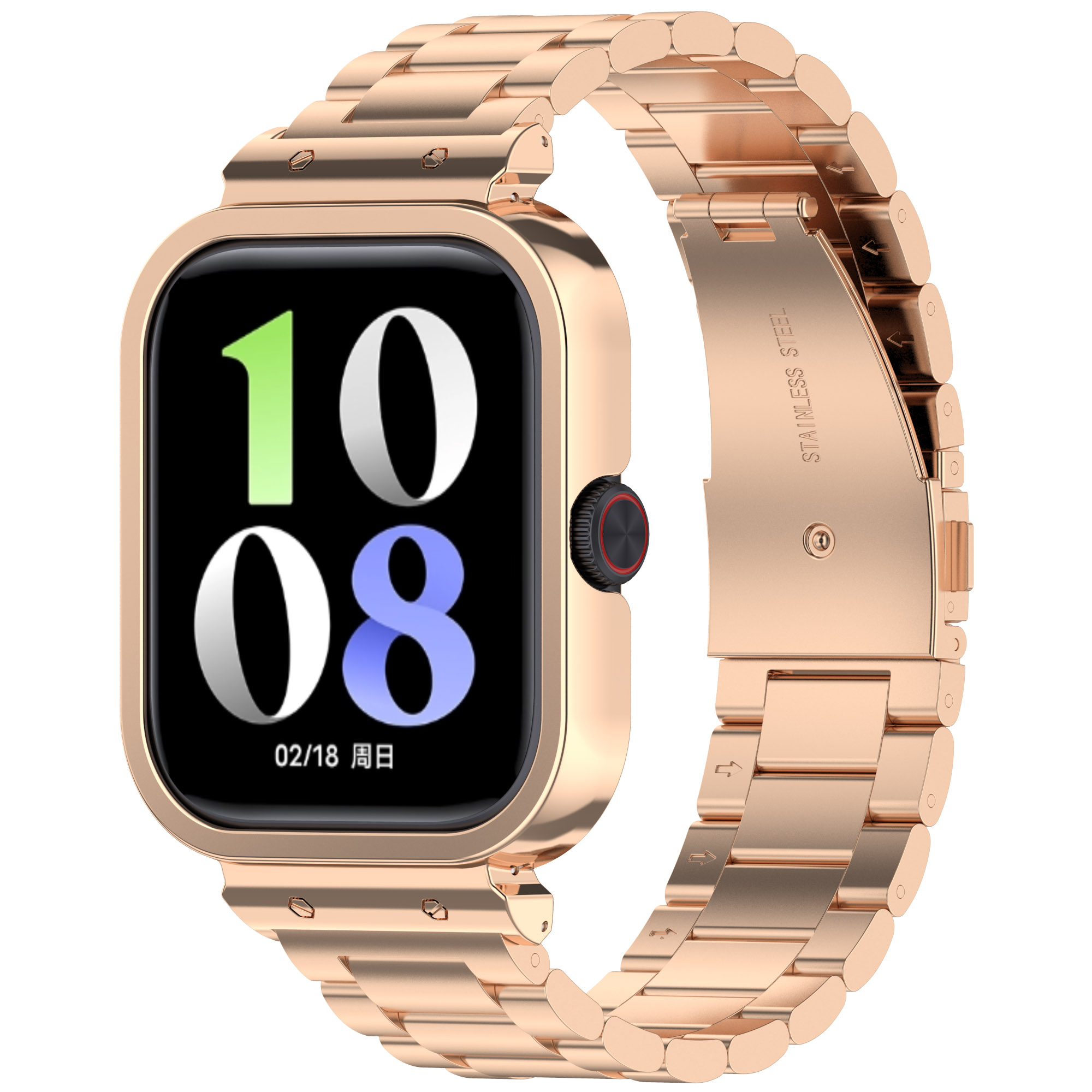 Smartwatch oro rosa con quadrante quadrato, che mostra l'ora e la data. Cinturino in acciaio inossidabile.
