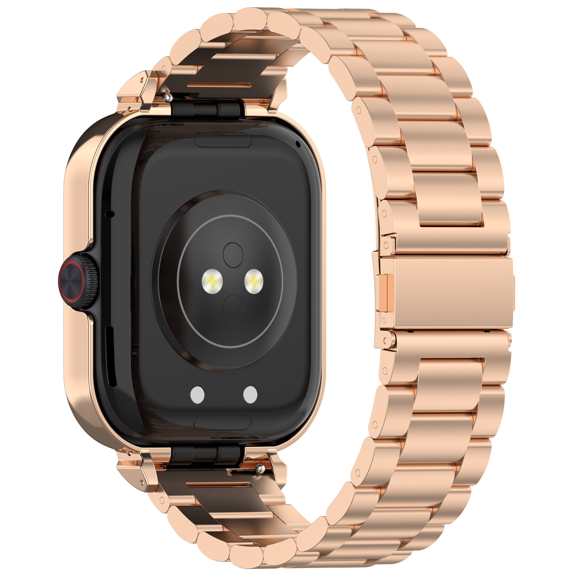 Smartwatch oro rosa con cinturino metallico, vista posteriore.