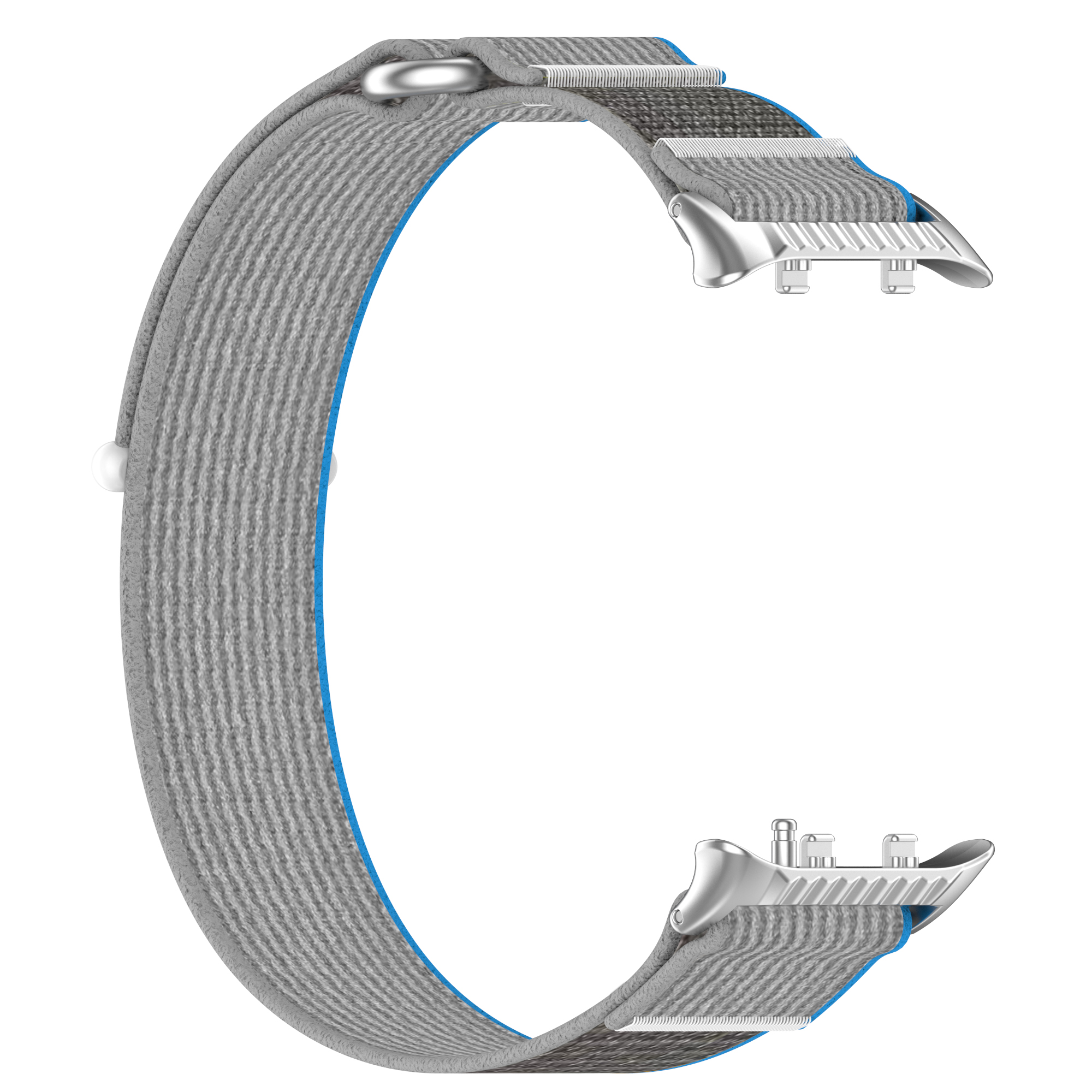 Graues Uhrenarmband in C-Form, mit Metallverschlüssen an jedem Ende.