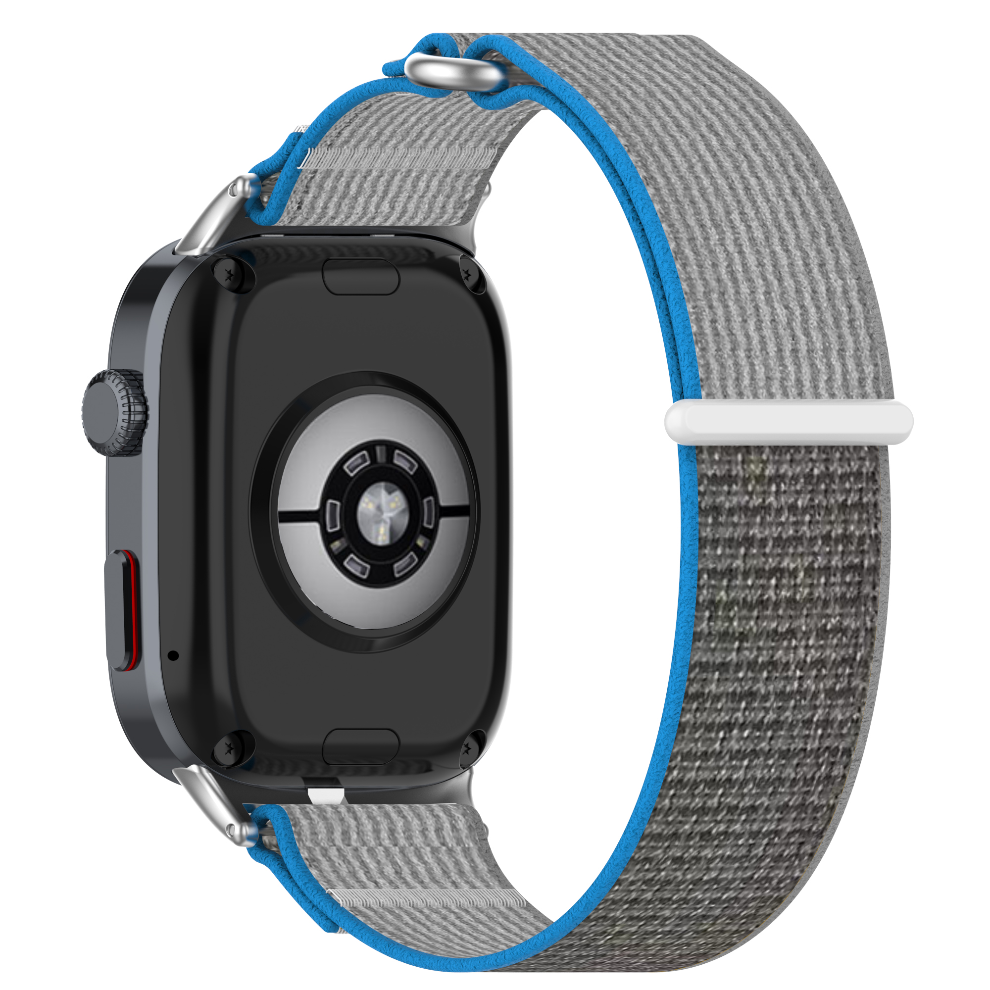 Smartwatch-Rückseite, Sensoren und Bandbefestigung, grau-blaues Band.