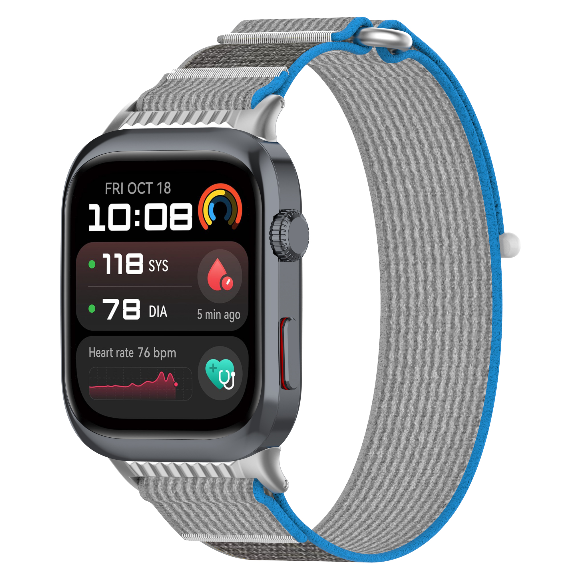 Smartwatch mit grauem Armband. Zeigt Zeit, Herzfrequenz und Gesundheitsmetriken an.