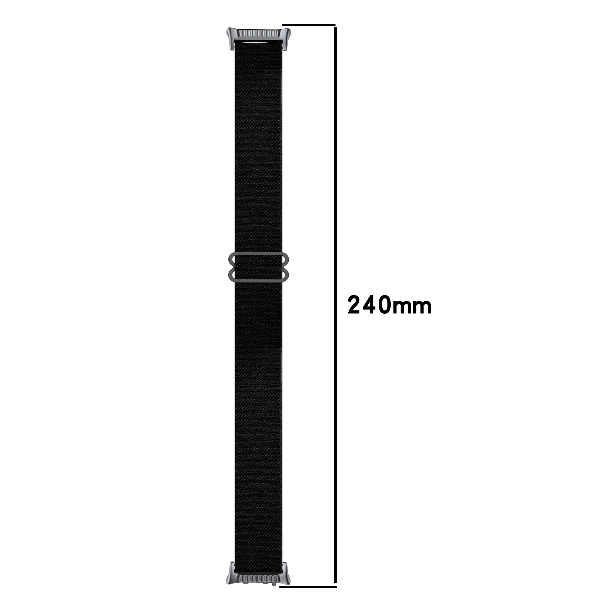 Cinturino nero con due anelli metallici e una misura di 240 mm. Sfondo bianco.