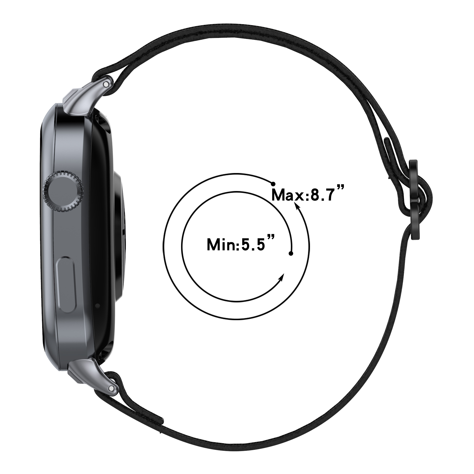 Vista laterale dello smartwatch, cinturino nero, con dimensioni da 5,5" a 8,7" attorno al polso.