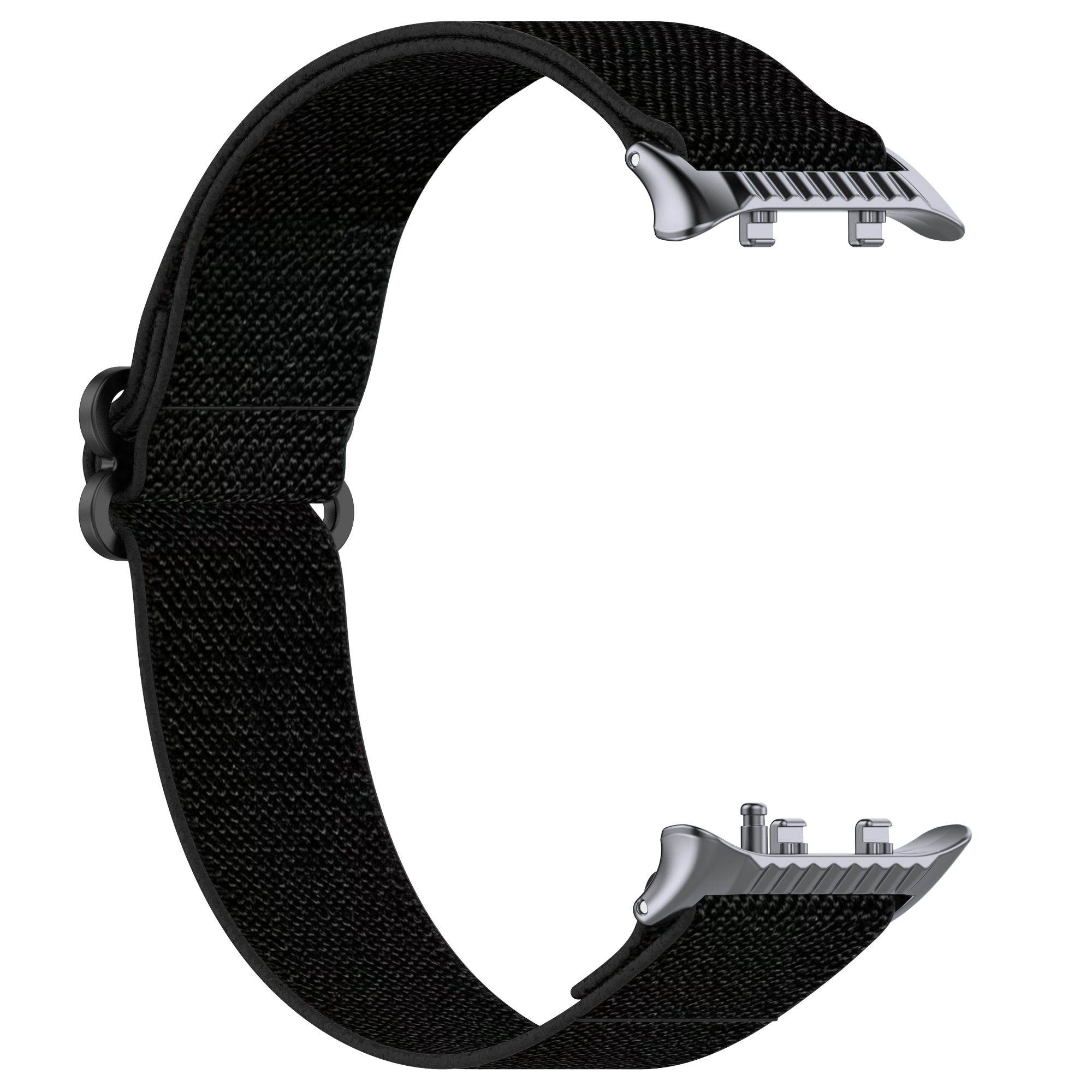Cinturino nero per orologio con chiusura in metallo, mostrato in forma curva. Vista ravvicinata dettagliata.