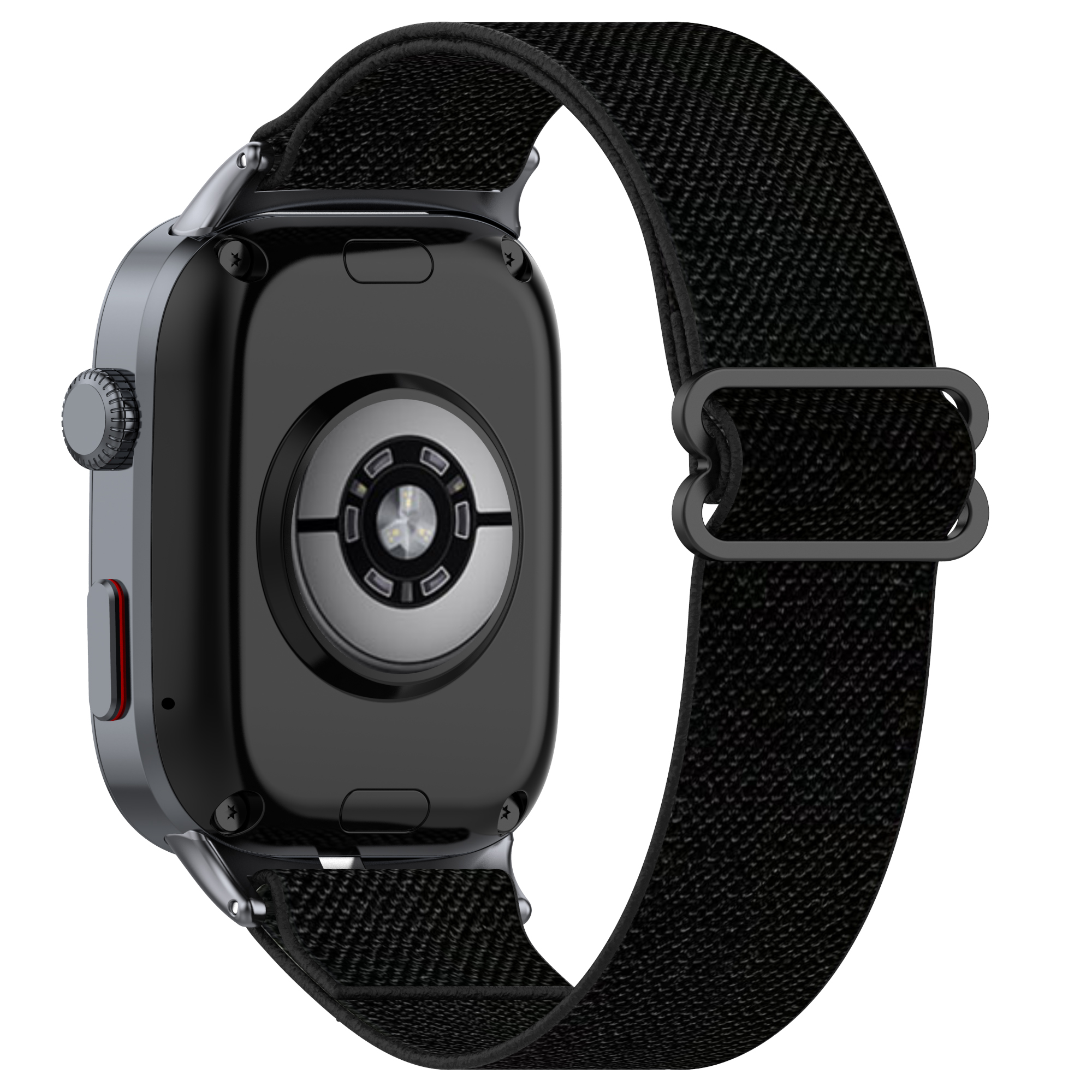 Uno smartwatch nero con cinturino nero, che mostra il retro e il cinturino.