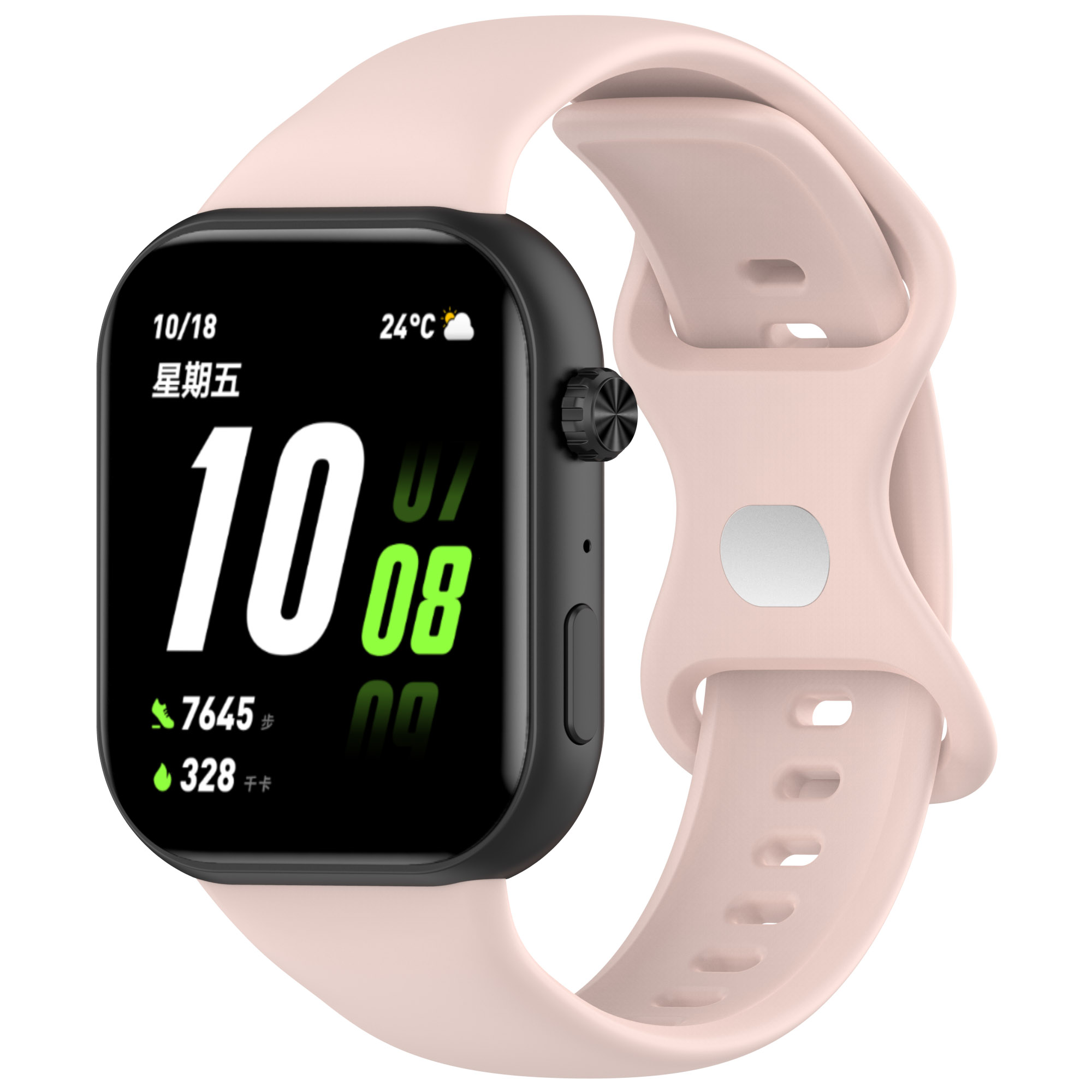 Smartwatch mit rosa Armband, zeigt Datum und Uhrzeit an.
