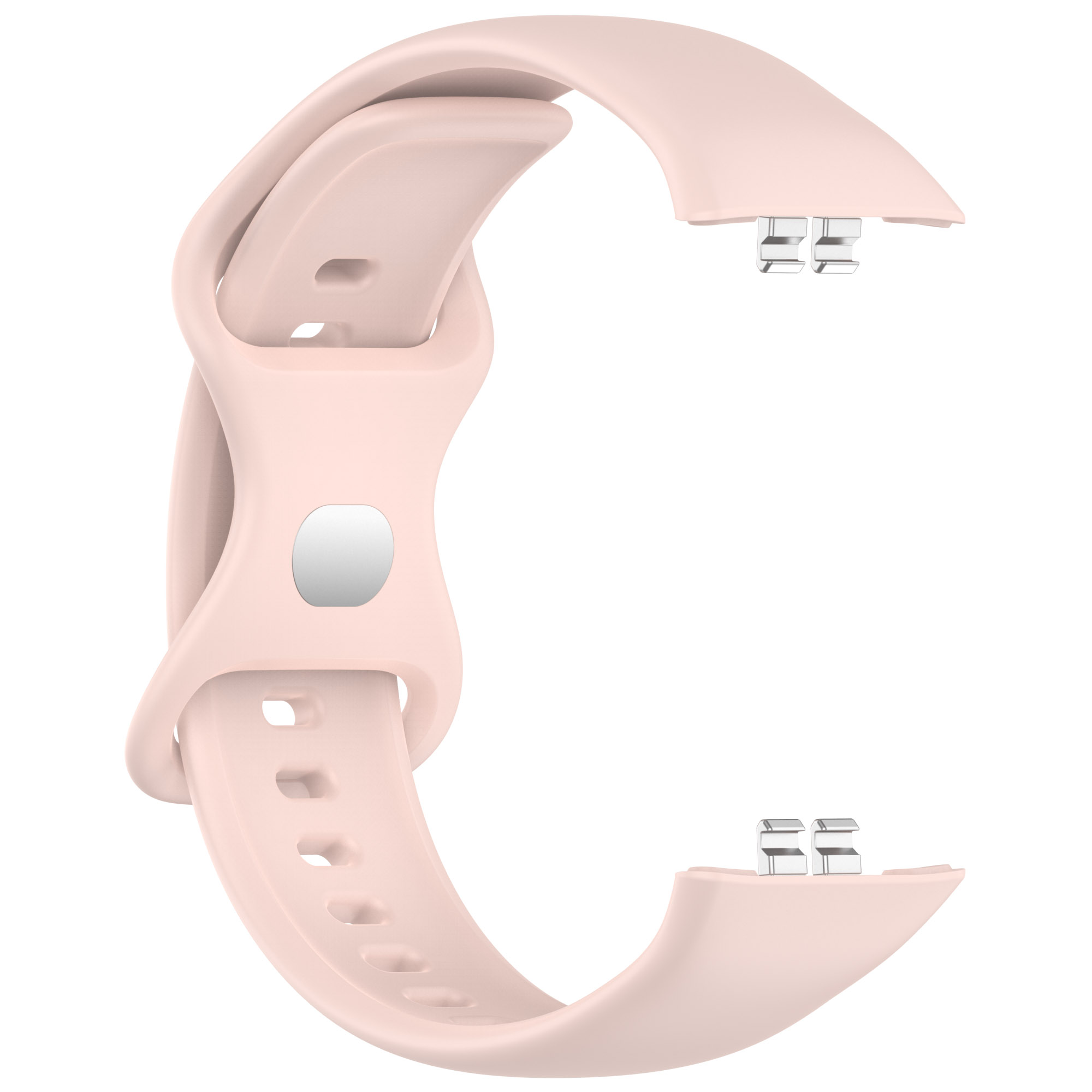 Ein pinkfarbenes Uhrenarmband. Es ist gebogen und hat zwei silberne Verschlüsse. Der Hintergrund ist weiß.