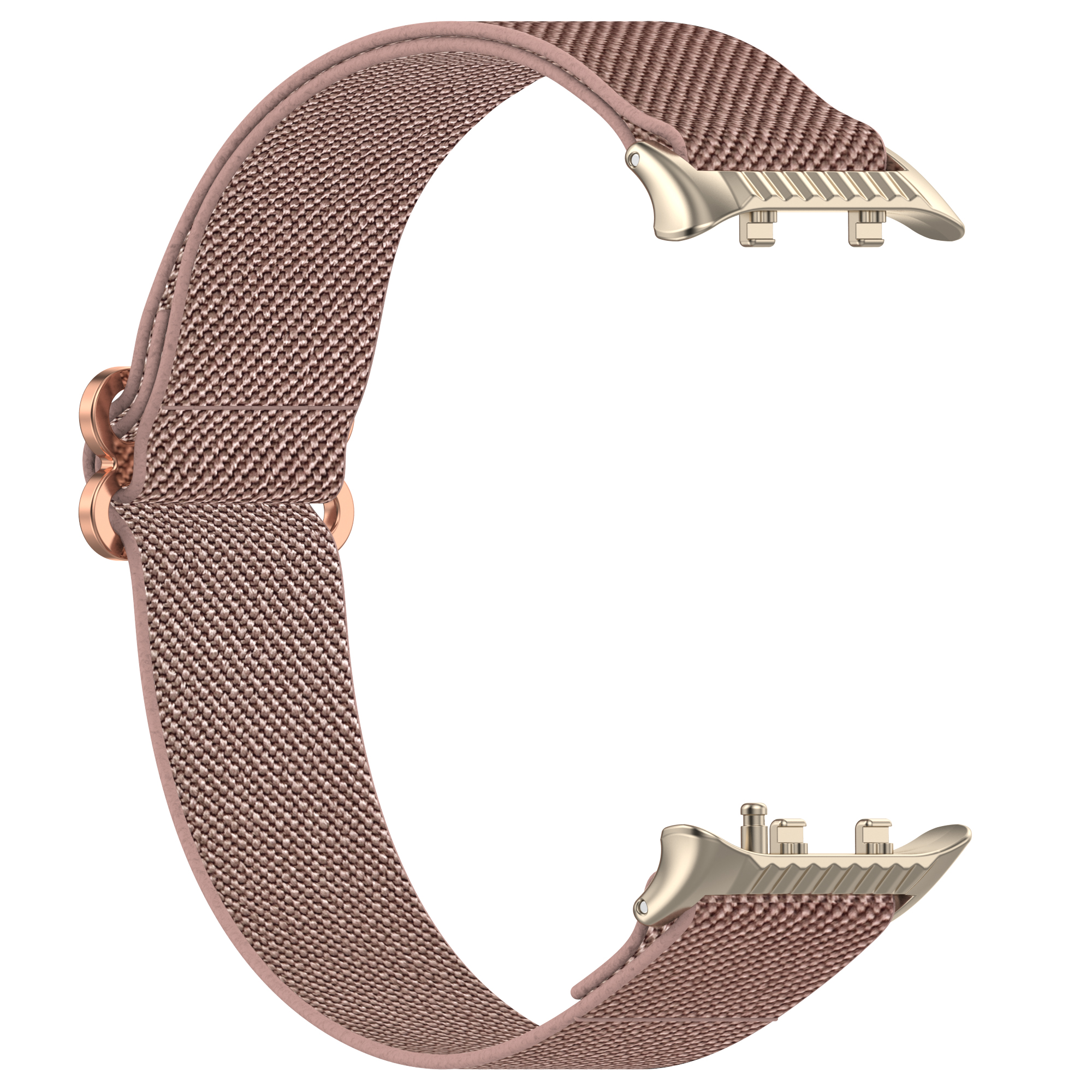 Rosafarbenes Uhrenarmband mit goldenen Anschlüssen, abgetrennt.