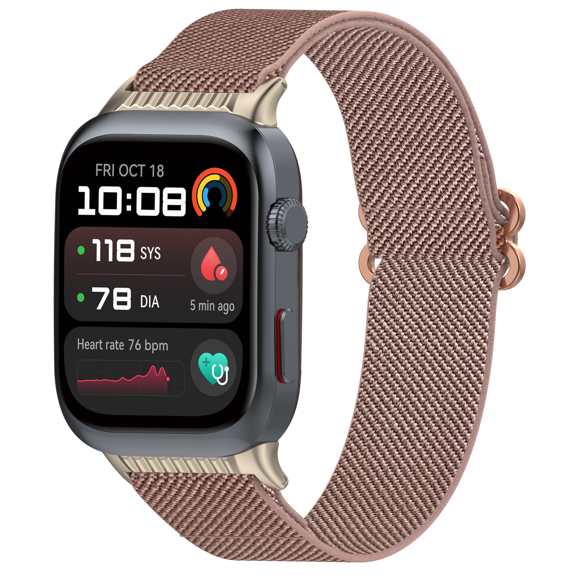 Eine Smartwatch mit braunem Armband, zeigt Gesundheitsdaten wie Herzfrequenz und Uhrzeit.