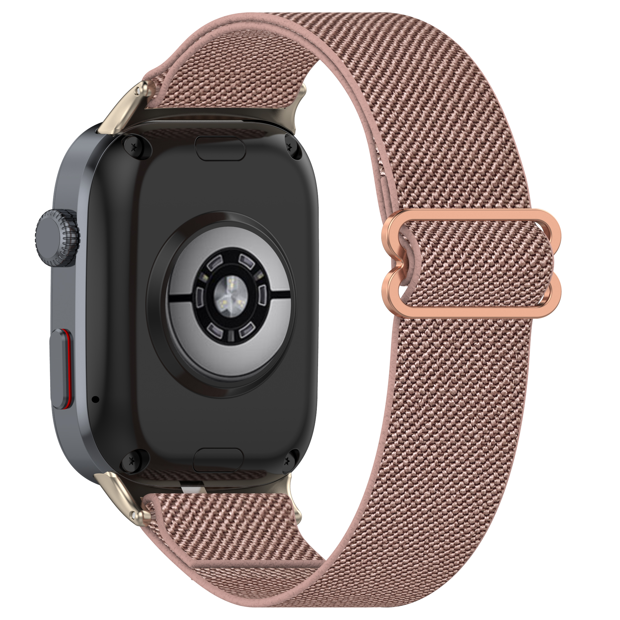 Nahaufnahme einer Smartwatch mit einem rosa-braunen gewebten Armband. Auf weißem Grund.