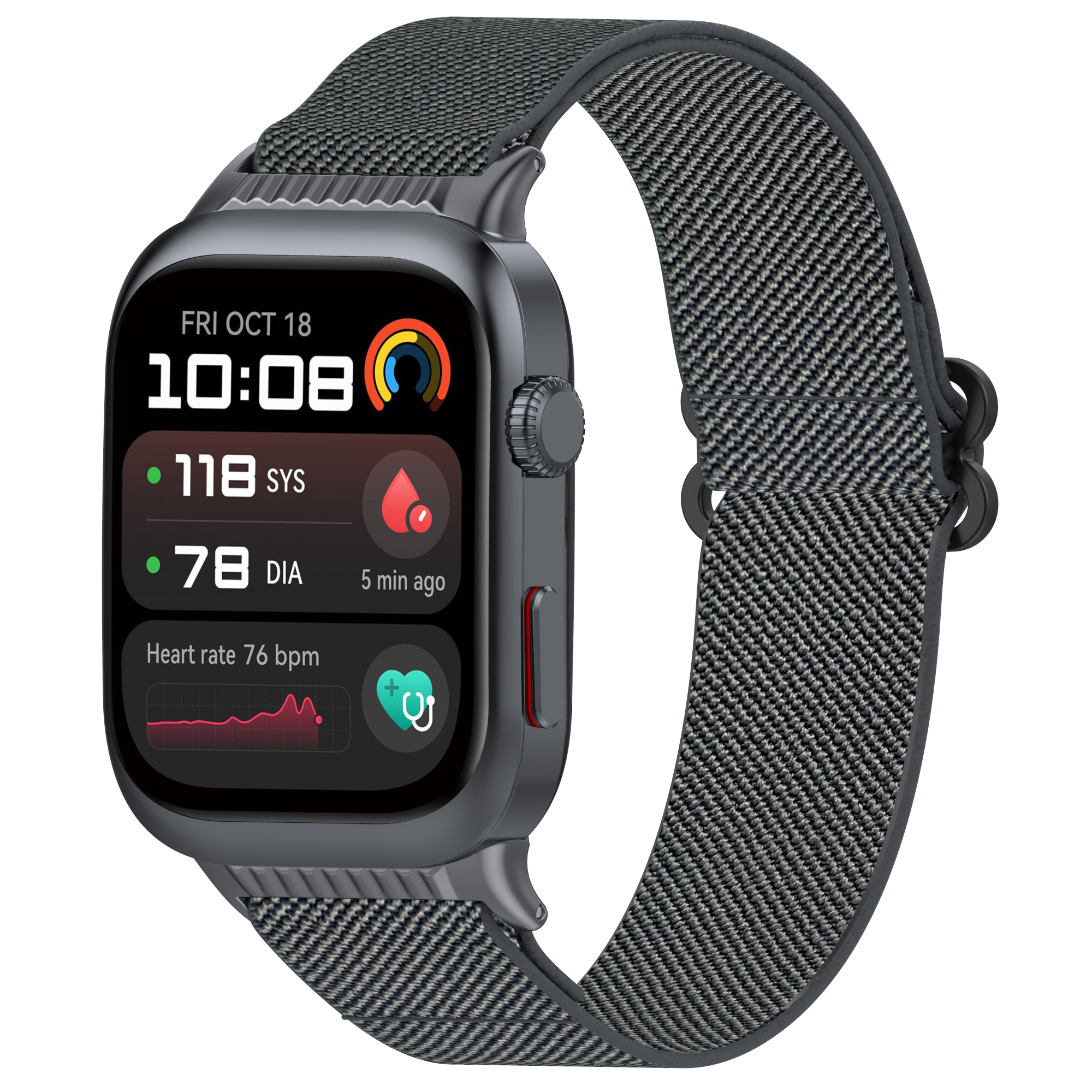 Smartwatch mit Display mit Zeit, Datum und Gesundheitsdaten. Grauer Armband.