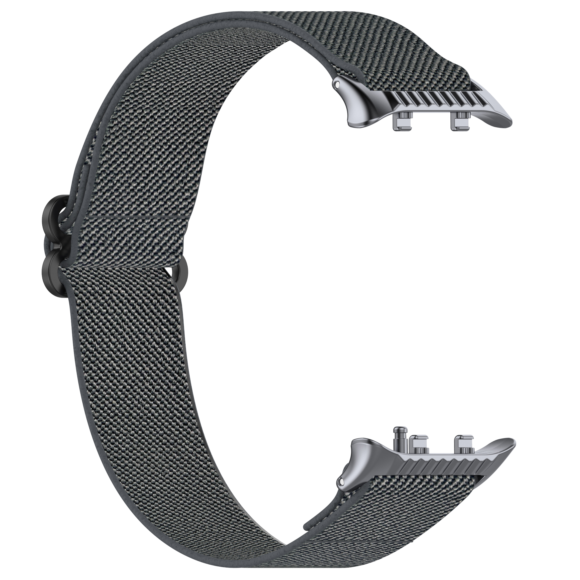 Graues Uhrenarmband in C-Form, mit Metallverschlüssen. Weißer Hintergrund.