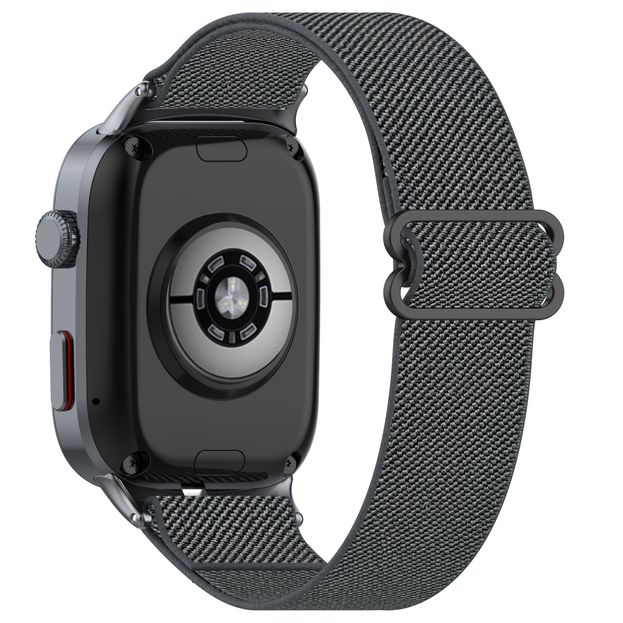 Eine dunkle Smartwatch mit grauem Armband und roter Taste an der Seite.