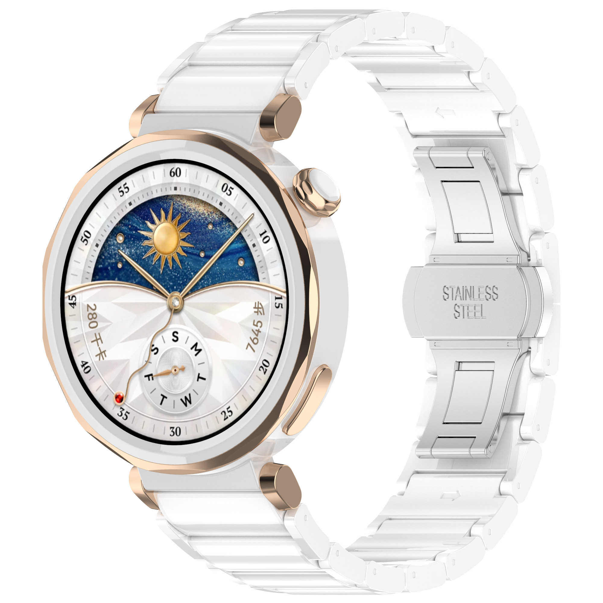 Smartwatch bianco con cinturino bianco. Dettagli dorati e quadrante dettagliato.