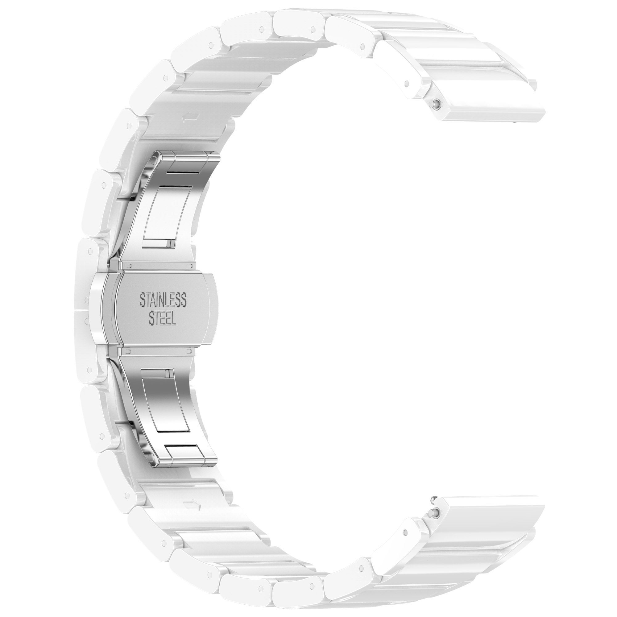 Cinturino per orologio in ceramica bianca composto da maglie curve e chiusura in acciaio inossidabile.