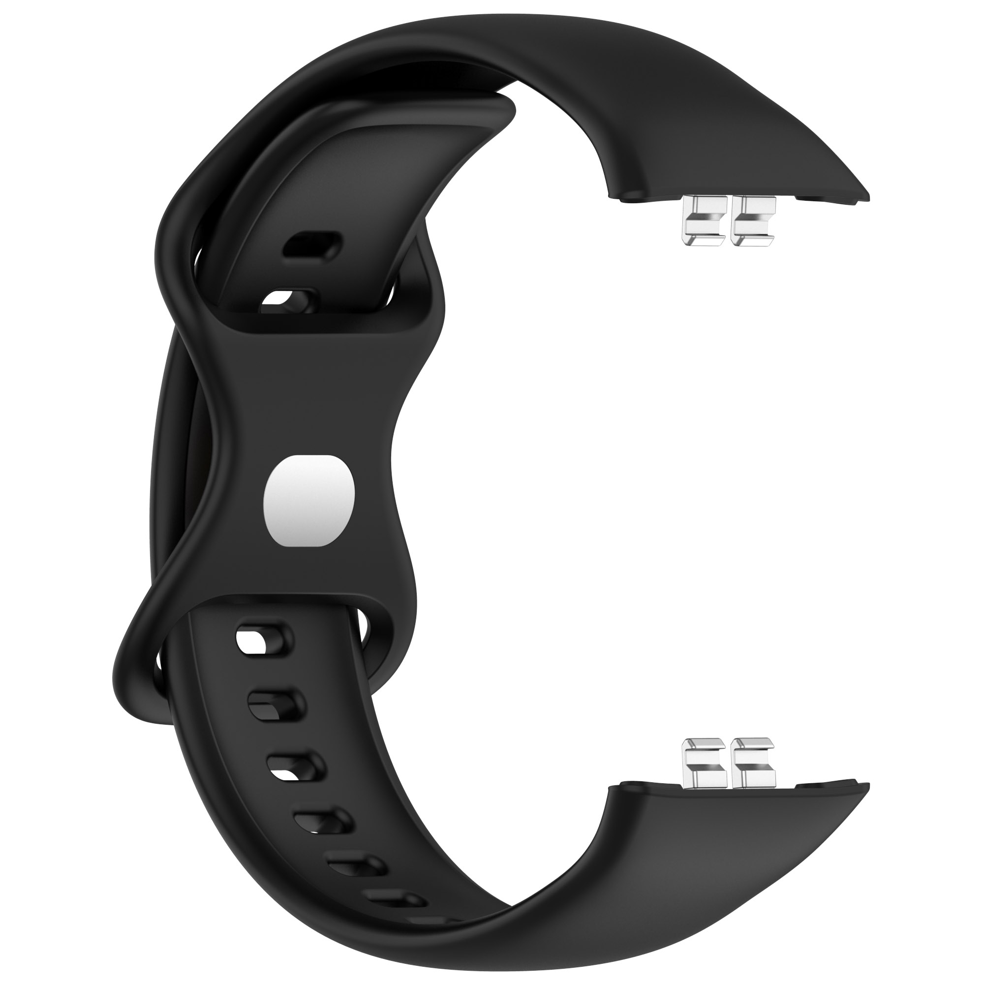 Schwarzes und gebogenes Uhrenarmband. Silberne Metallverbinder. Isoliert auf weißem Hintergrund.