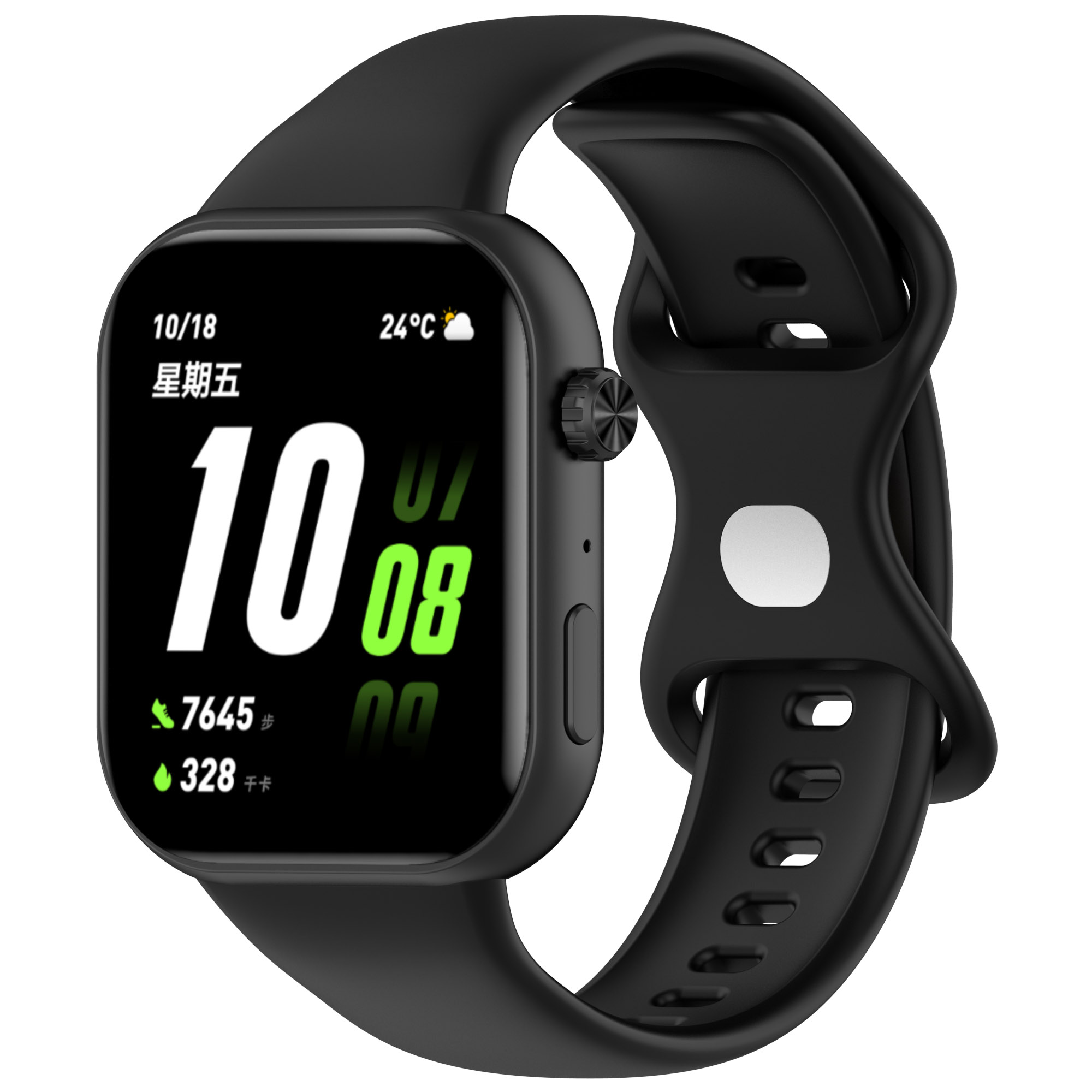 Eine schwarze Smartwatch mit schwarzem Band, die Zeit, Datum, Schritte und Kalorien anzeigt.