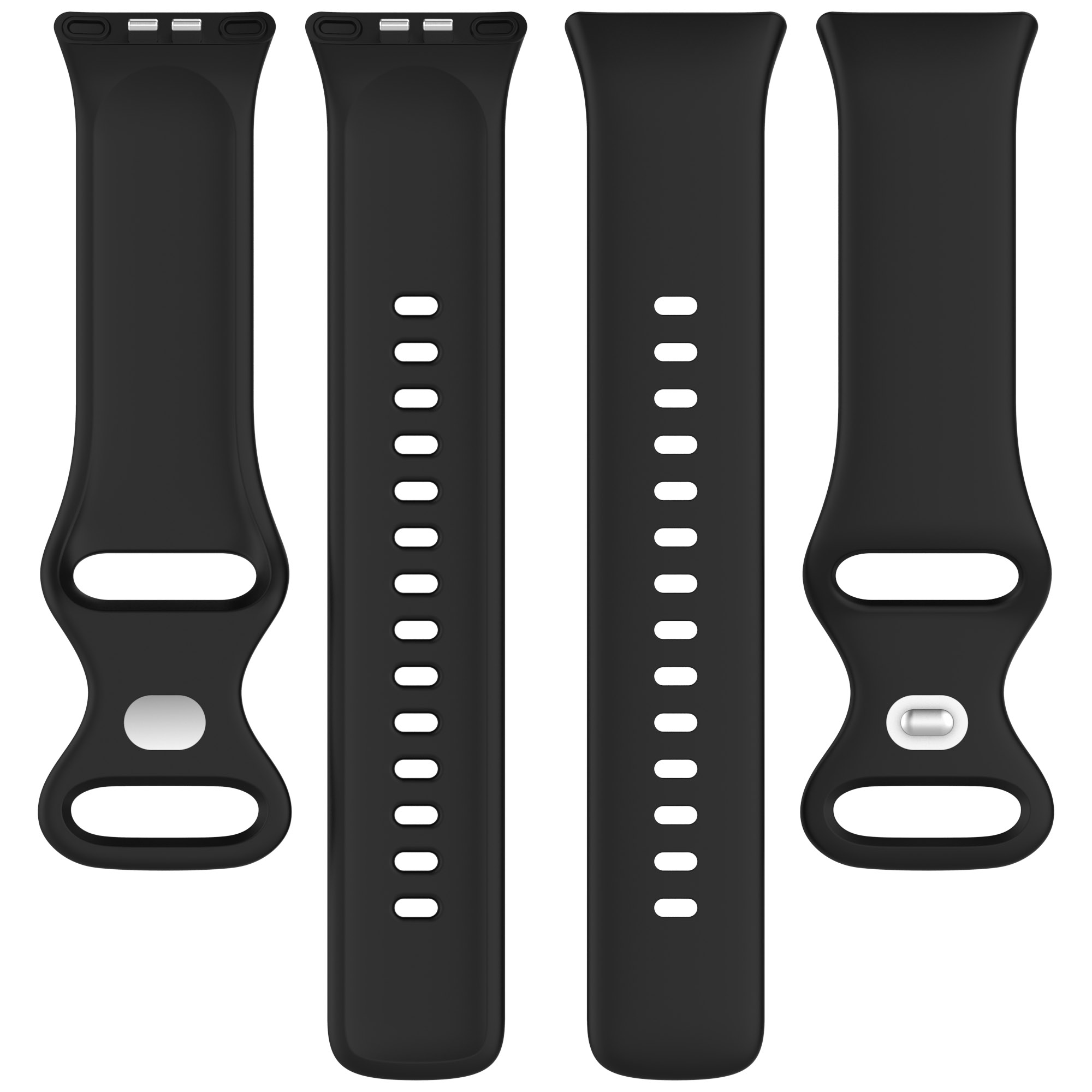 Vier schwarze Uhrenarmbänder liegen auf weißem Hintergrund.