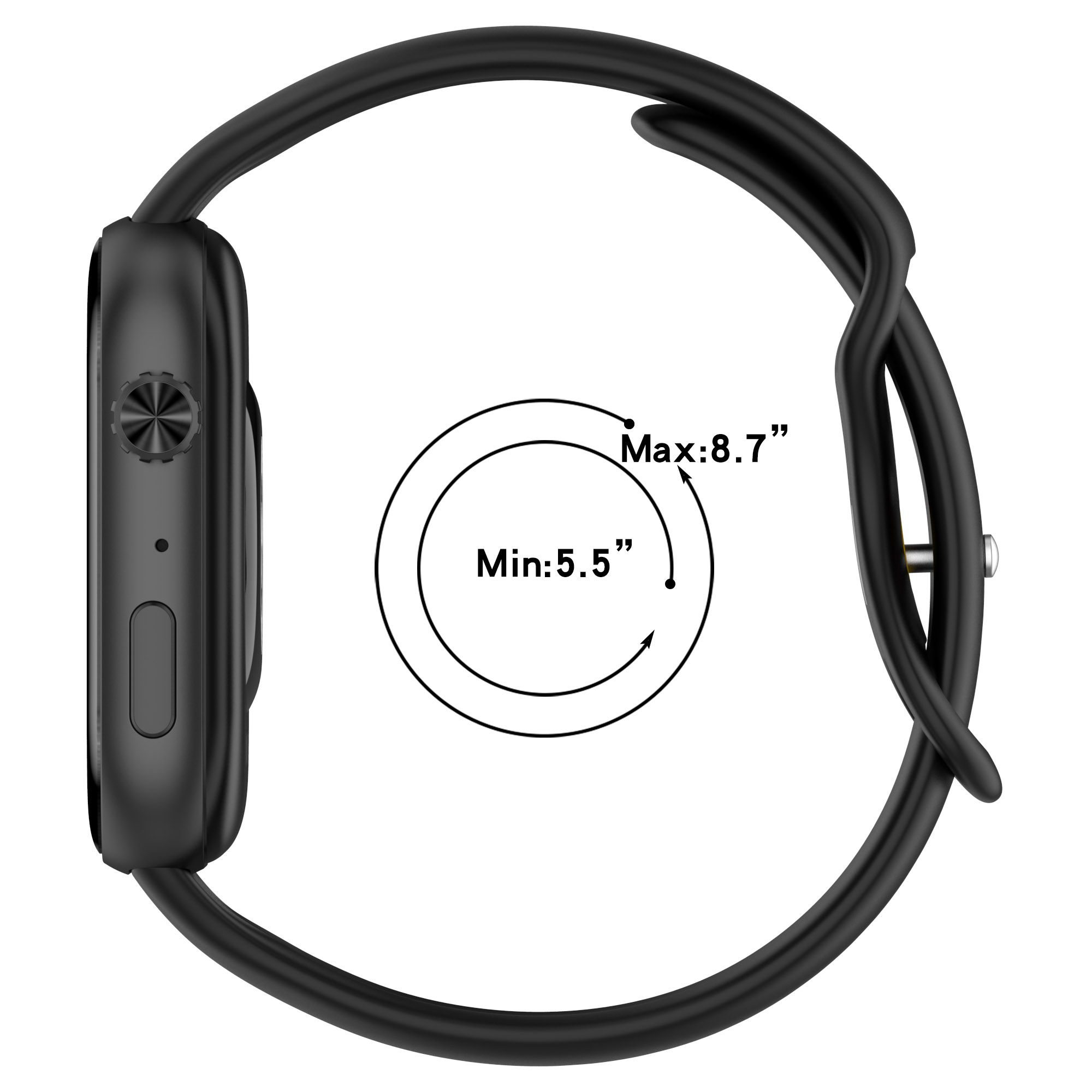 Eine schwarze Smartwatch mit Seitentaste und Armband. Ein Kreis zeigt den Armbandgrößenbereich: 5,5" bis 8,7".