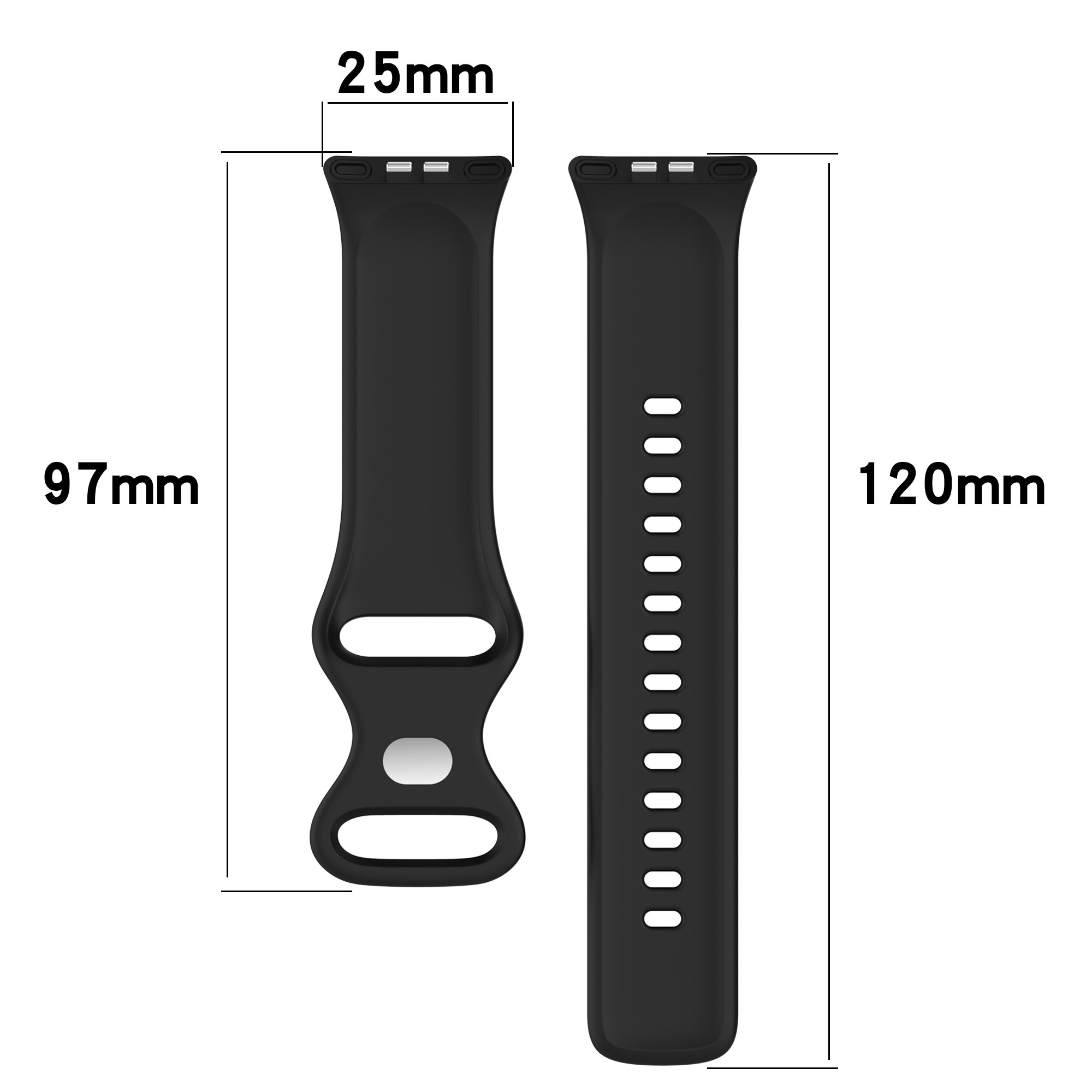 Zwei schwarze Smartwatch-Armbänder mit Maßen.
