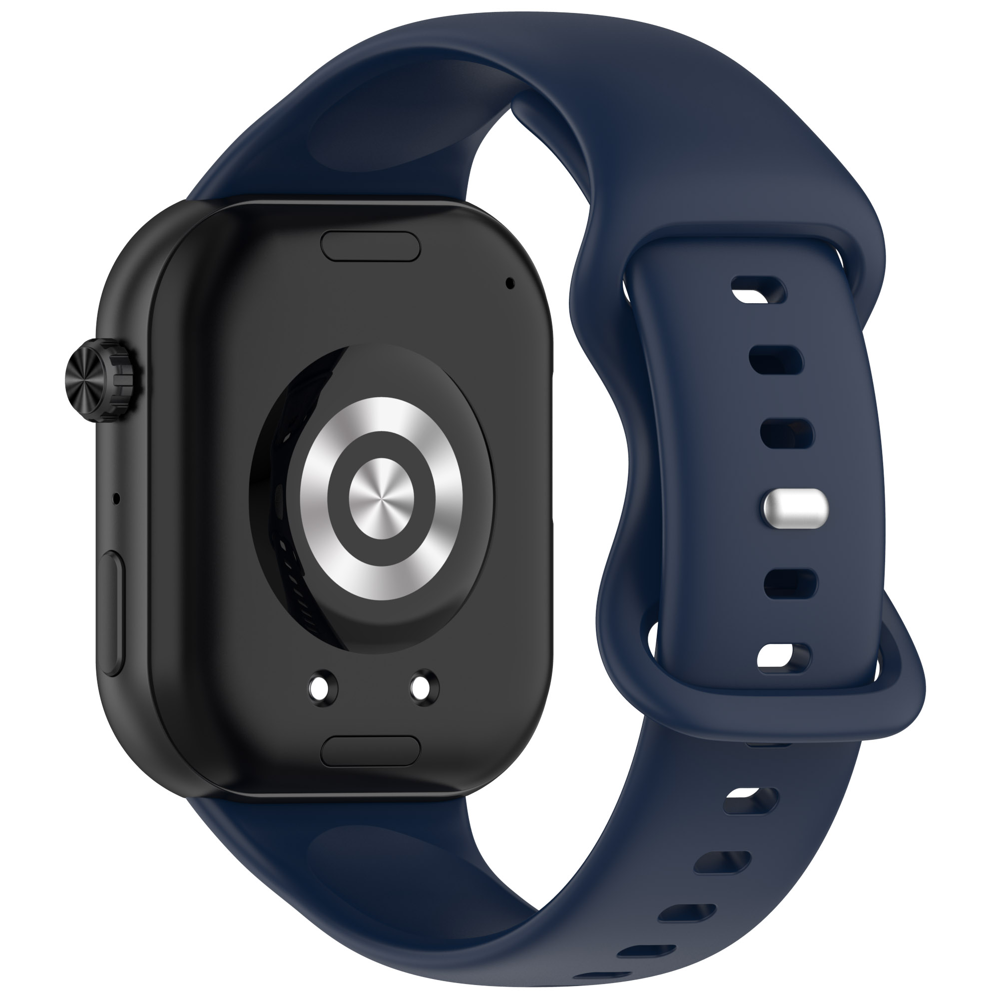 Smartwatch nero con cinturino blu, vista da dietro, mostra i sensori.