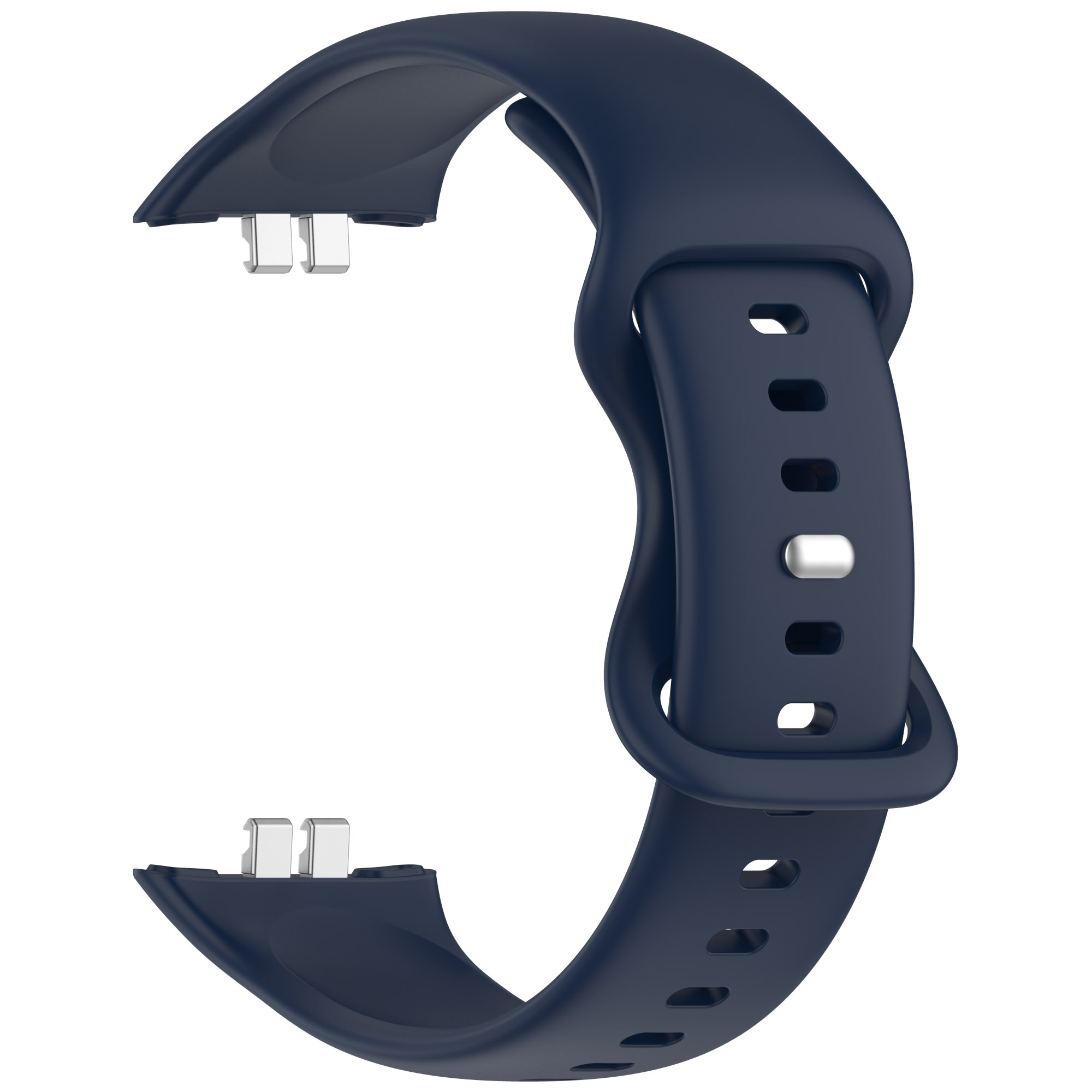 Cinturino blu scuro per smartwatch con fibbia e due perni, in silicone.