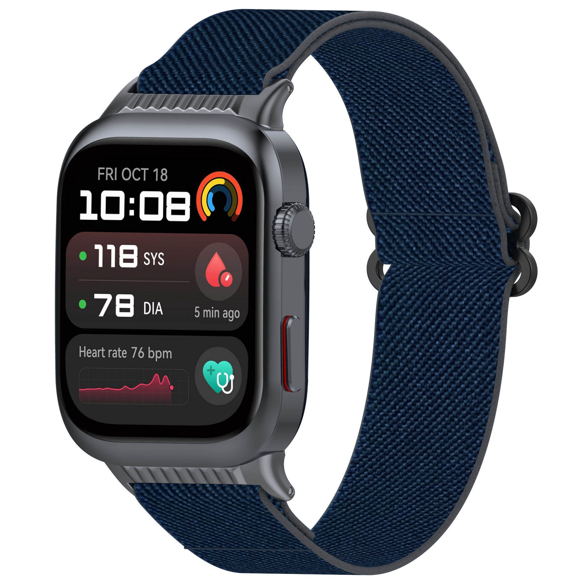 Smartwatch mit dunklem Armband zeigt Gesundheitsdaten und Datum.