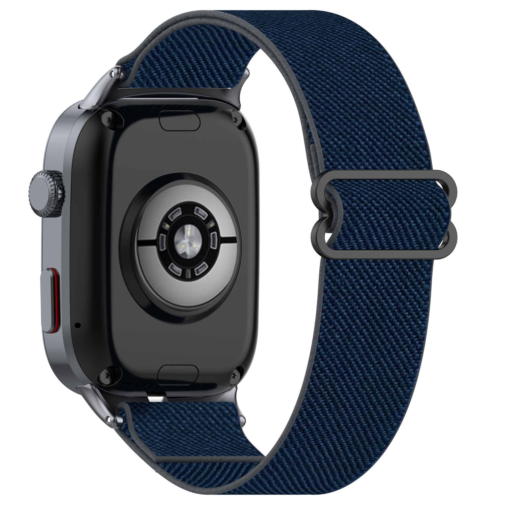 Eine Smartwatch mit blauem Jeansarmband. Die Rückseite der Uhr ist sichtbar.