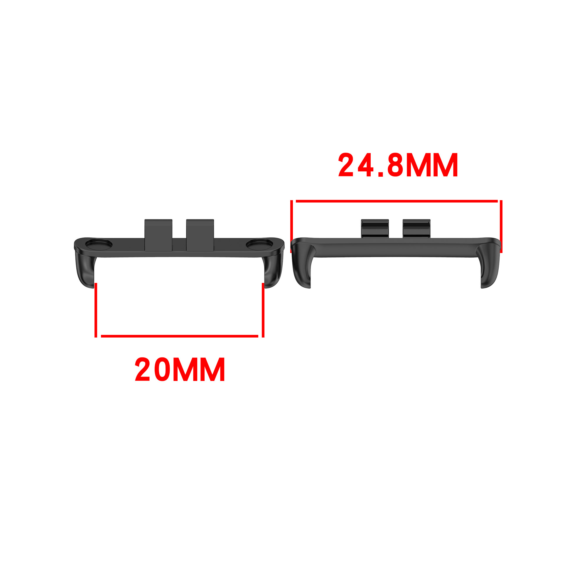 Due connettori neri per cinturini. Le dimensioni sono etichettate: 20 mm e 24,8 mm, per mostrare le loro dimensioni.