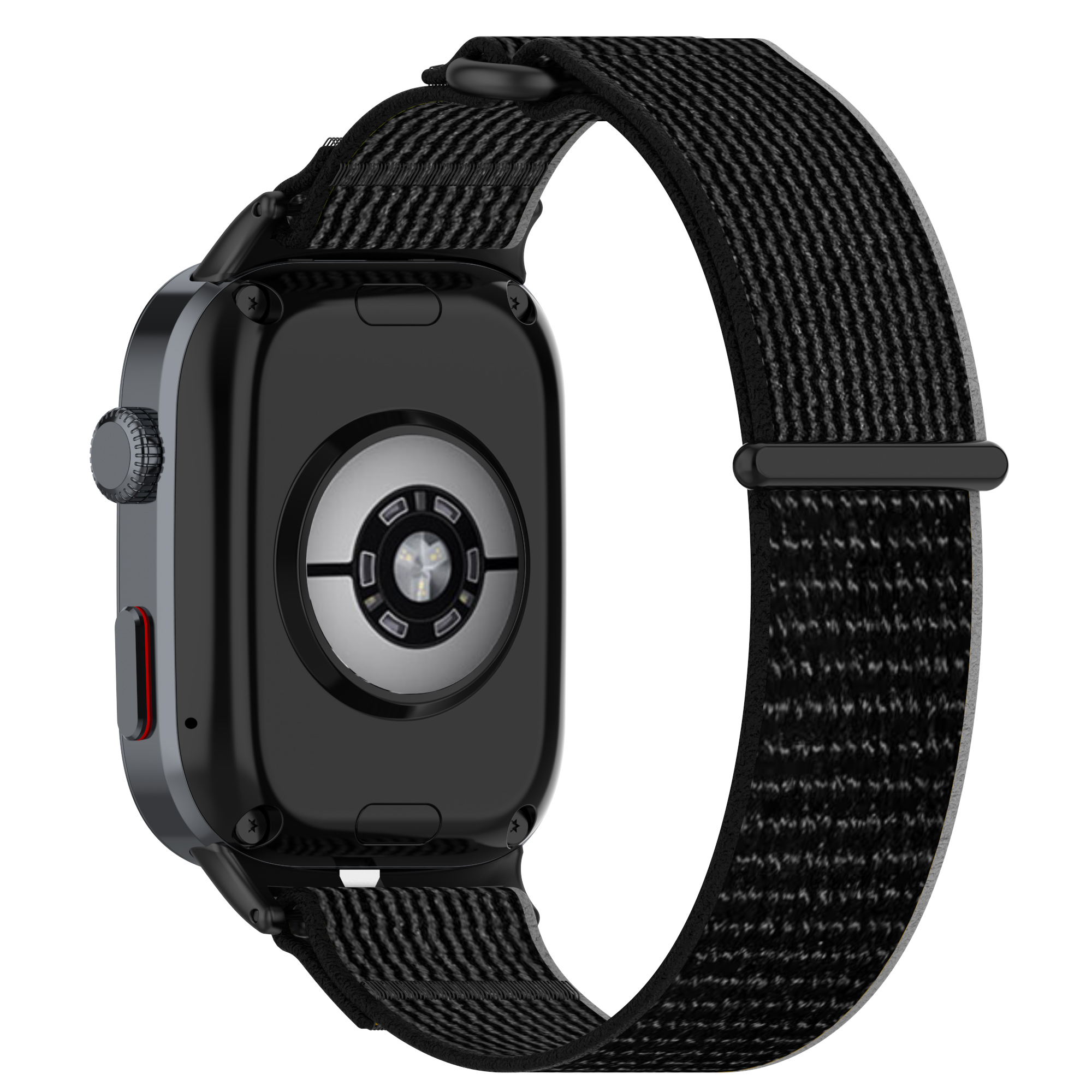 Schwarze Smartwatch mit schwarzem Armband, Rückseite zur Kamera.