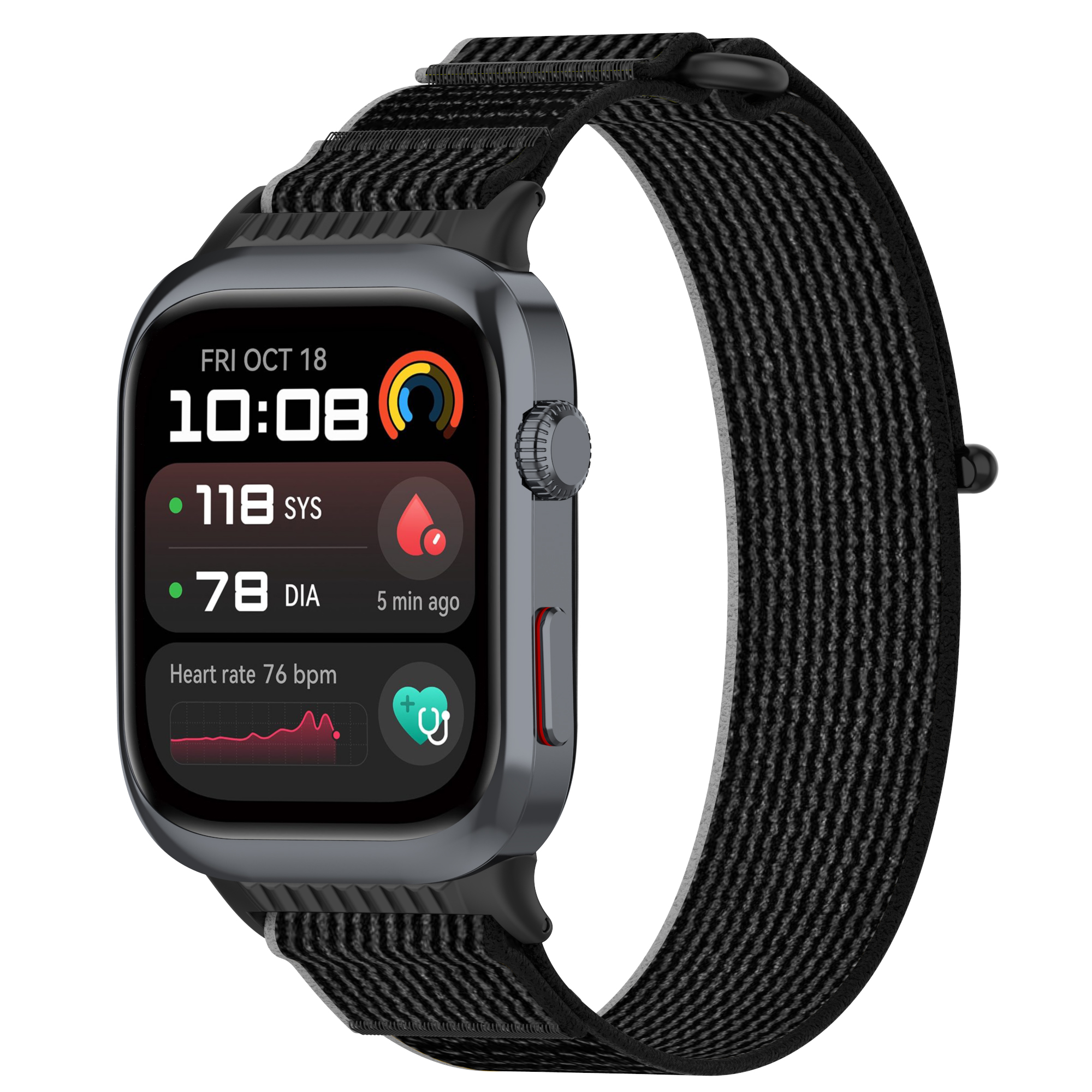 Eine schwarze Smartwatch mit schwarzem Armband, zeigt Uhrzeit, Herzfrequenz und Blutdruckdaten.