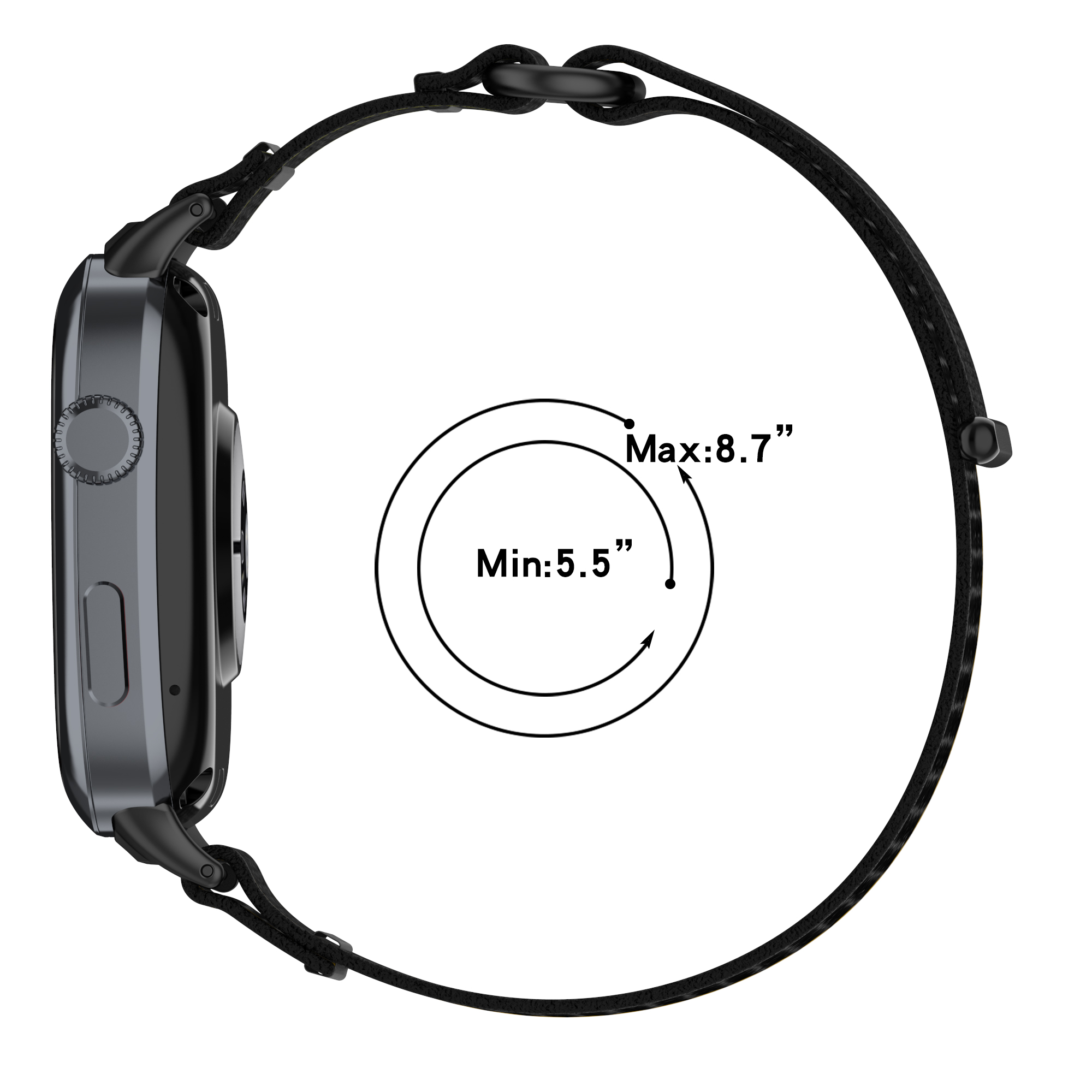 Eine schwarze Smartwatch zeigt Messungen an. Die Uhr hat ein schwarzes Armband und liegt auf weißem Grund.