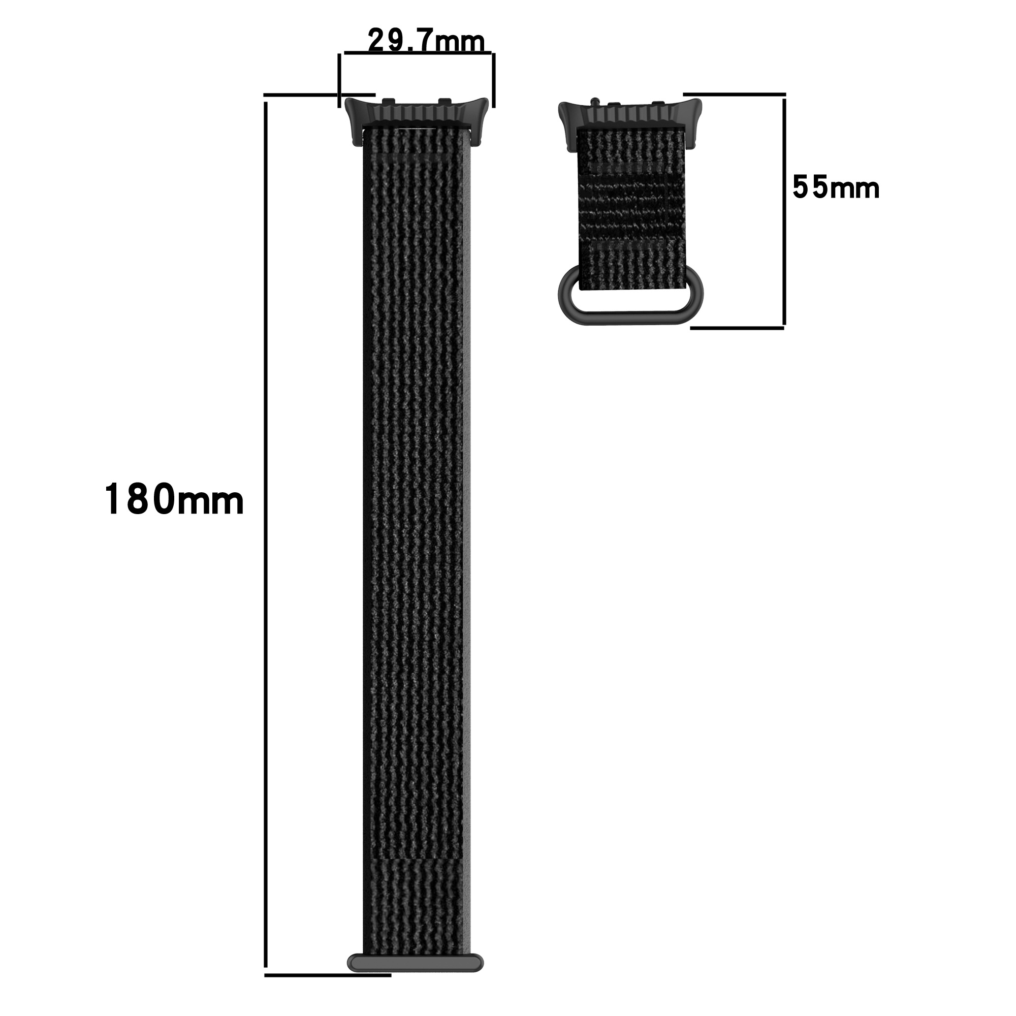 Schwarzes Uhrenarmband mit Abmessungen. Der Riemen ist schwarz, Maße sind 180 mm, 55 mm und 29,7 mm.