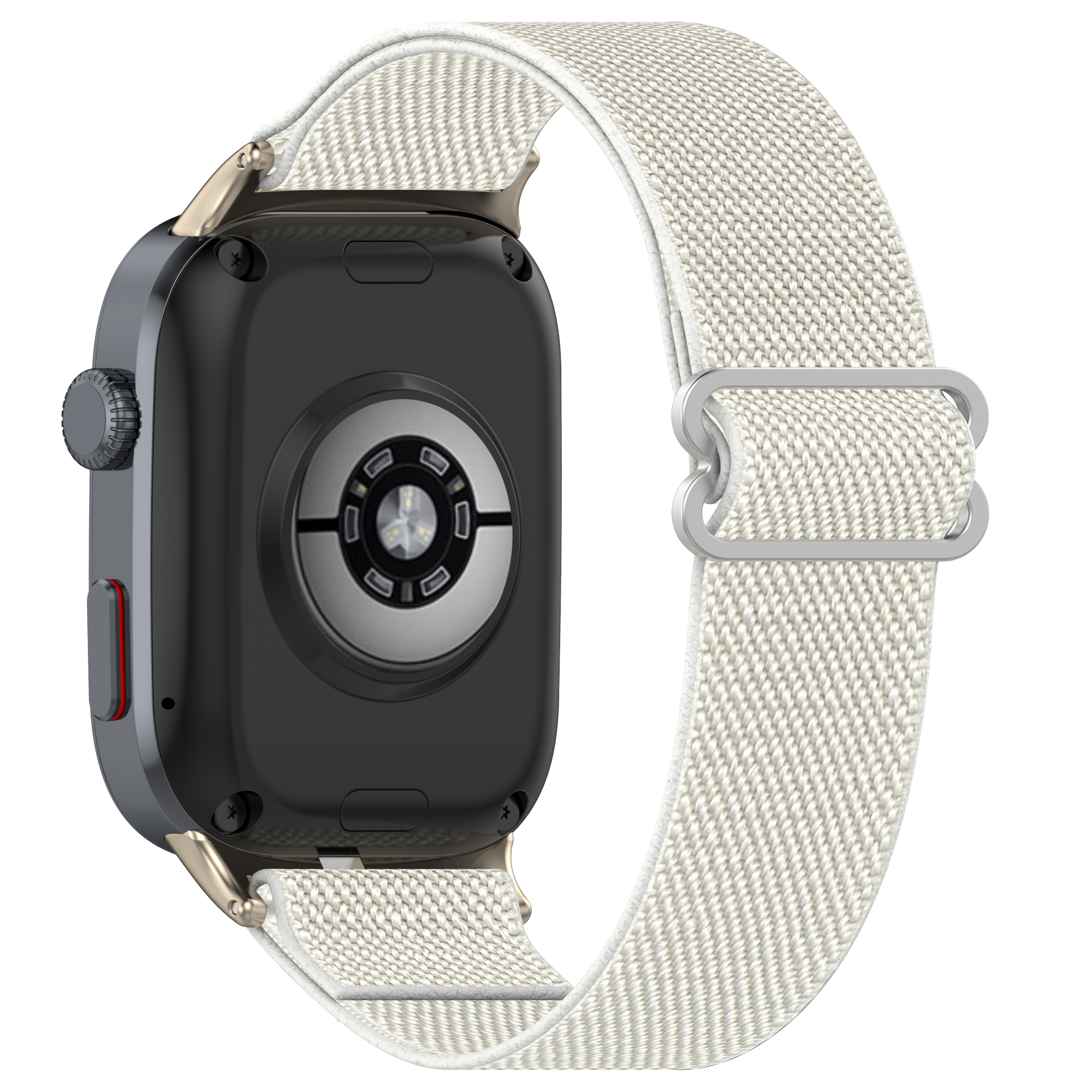 Eine Smartwatch mit cremefarbenem Armband. Die Rückseite der Uhr ist sichtbar, mit schwarzem Bildschirm.