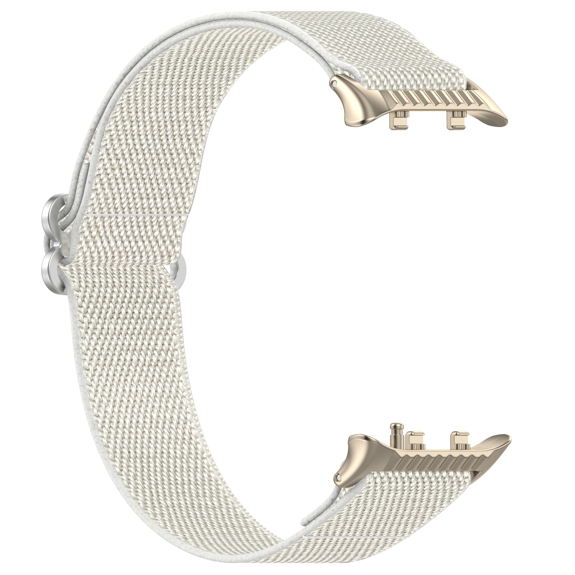 Ein cremefarbenes Uhrenarmband mit goldfarbenen Befestigungen, weißer Hintergrund.