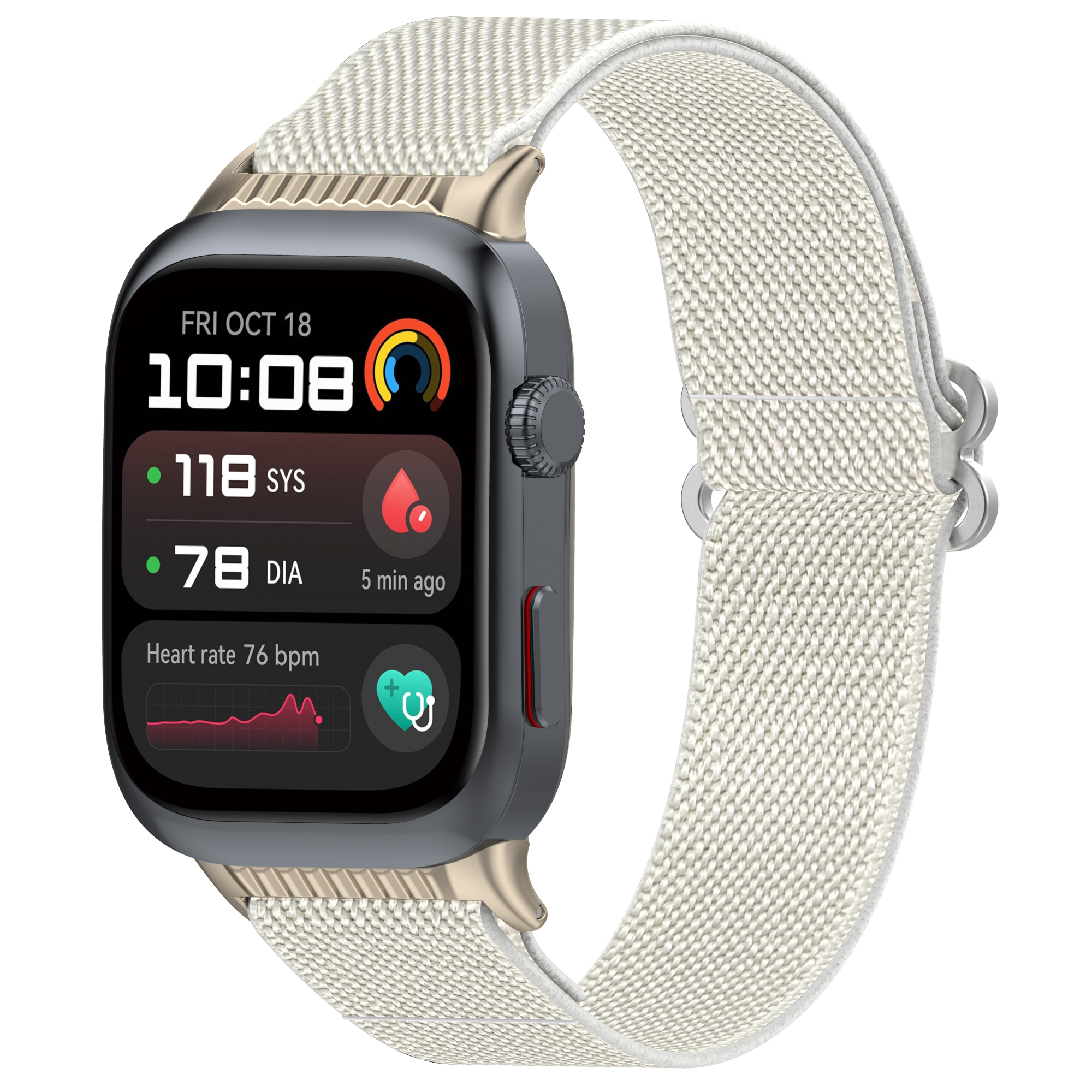 Smartwatch mit cremefarbenem Armband. Zeigt Zeit, Herzfrequenz und andere Gesundheitsmetriken an. Goldener Rahmen.